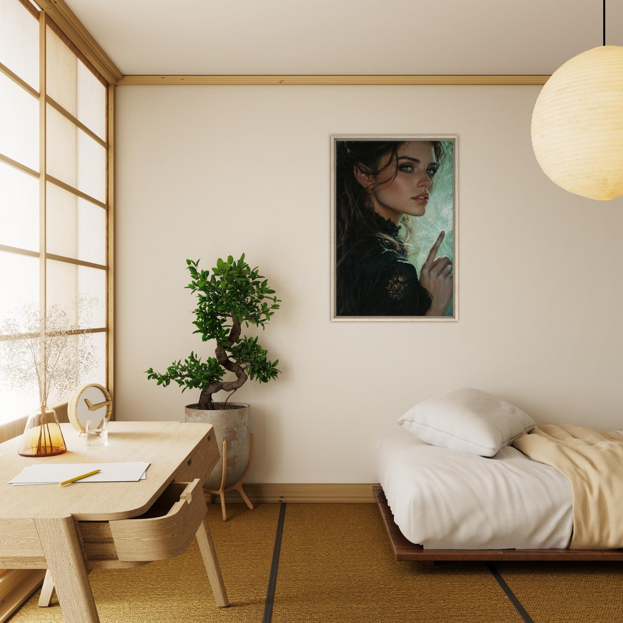 Framed Canvas Portrait - The Fae Sorceress of the Emerald Woods Oil Faint 6 - Shop Ai Art WebShop - Digital Art online Store