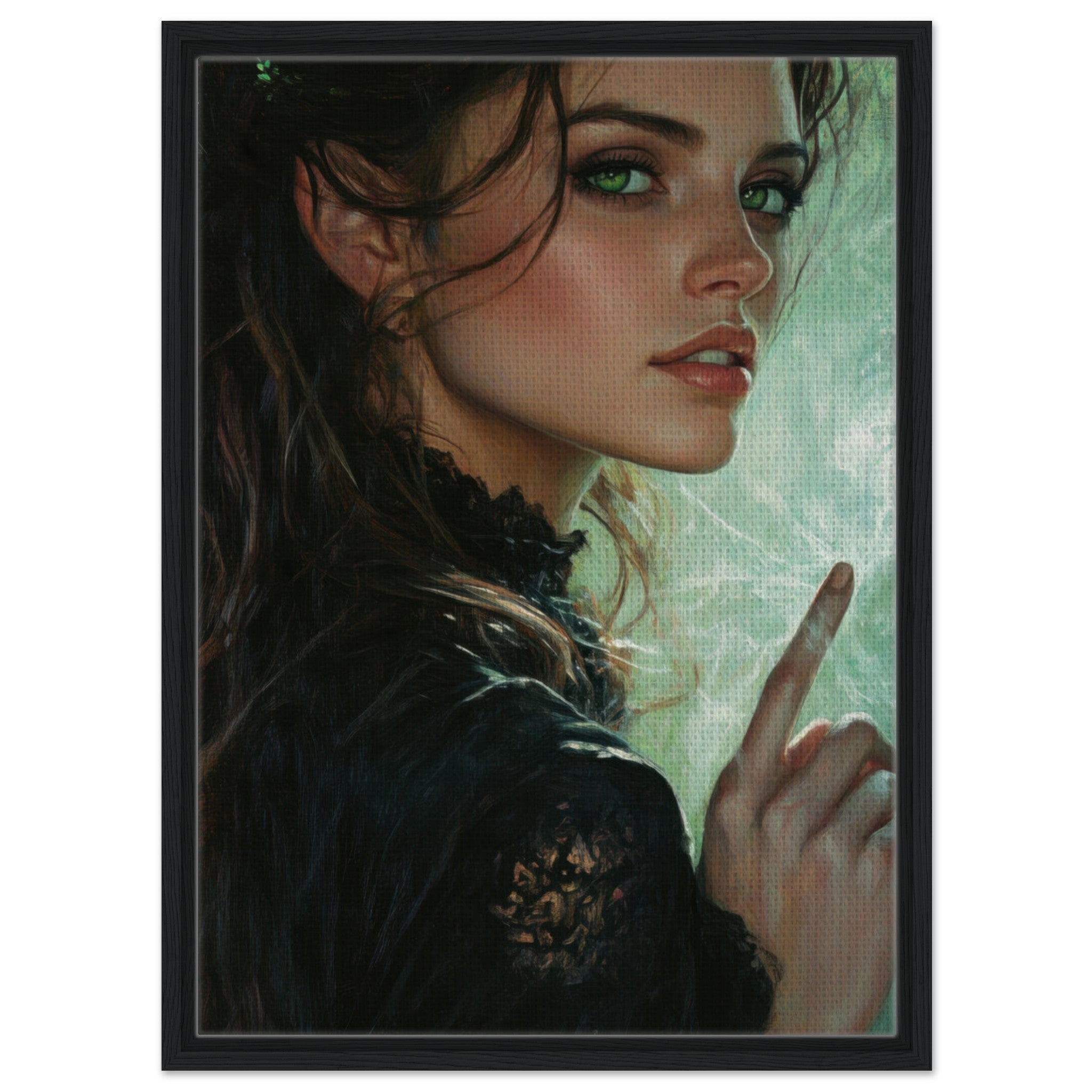 Framed Canvas Portrait - The Fae Sorceress of the Emerald Woods Oil Faint 6 - Shop Ai Art WebShop - Digital Art online Store