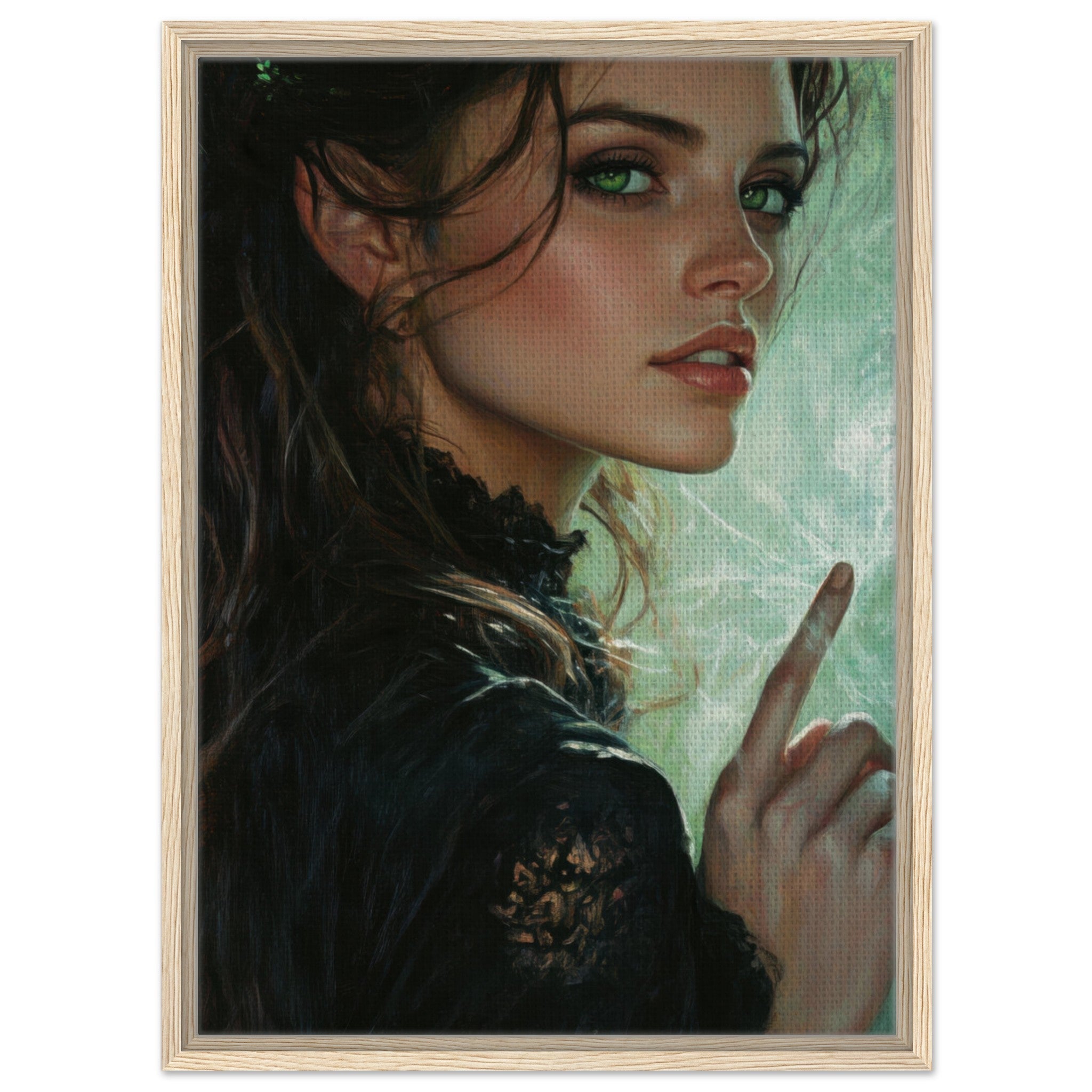 Framed Canvas Portrait - The Fae Sorceress of the Emerald Woods Oil Faint 6 - Shop Ai Art WebShop - Digital Art online Store
