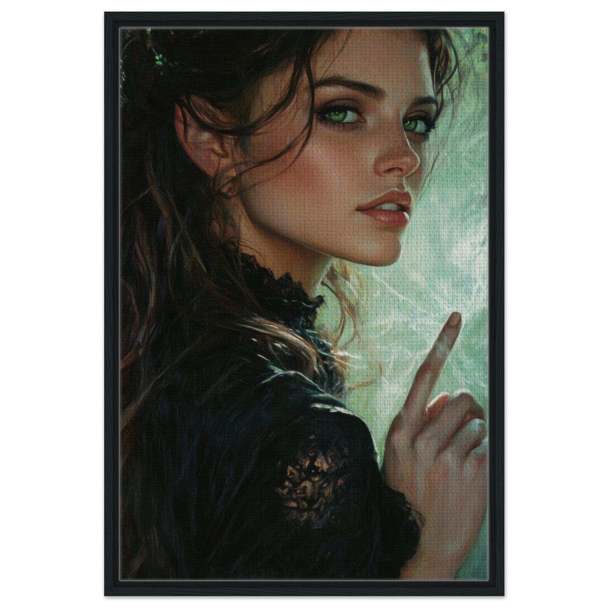 Framed Canvas Portrait - The Fae Sorceress of the Emerald Woods Oil Faint 6 - Shop Ai Art WebShop - Digital Art online Store