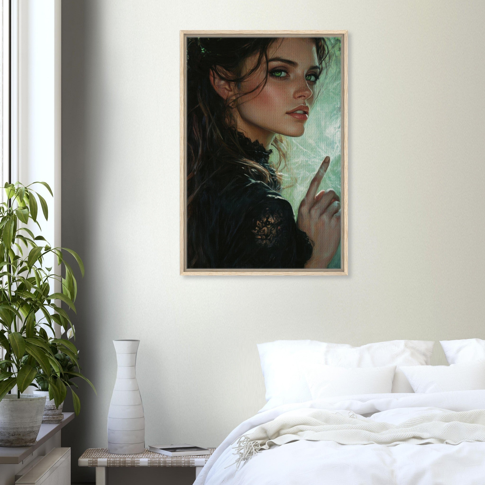 Framed Canvas Portrait - The Fae Sorceress of the Emerald Woods Oil Faint 6 - Shop Ai Art WebShop - Digital Art online Store