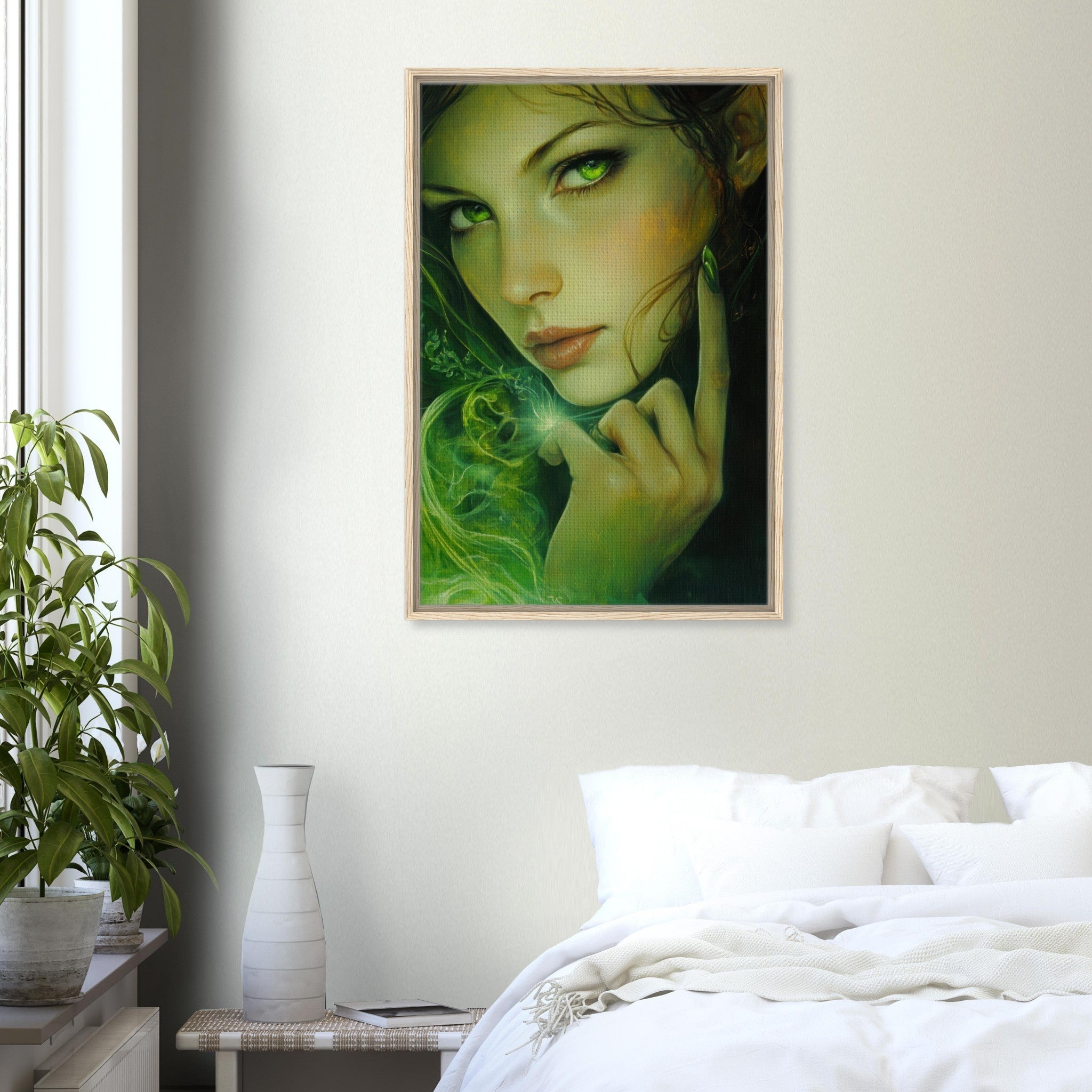 Framed Canvas Portrait - The Fae Sorceress of the Emerald Woods Oil Faint - Shop Ai Art WebShop - Digital Art online Store