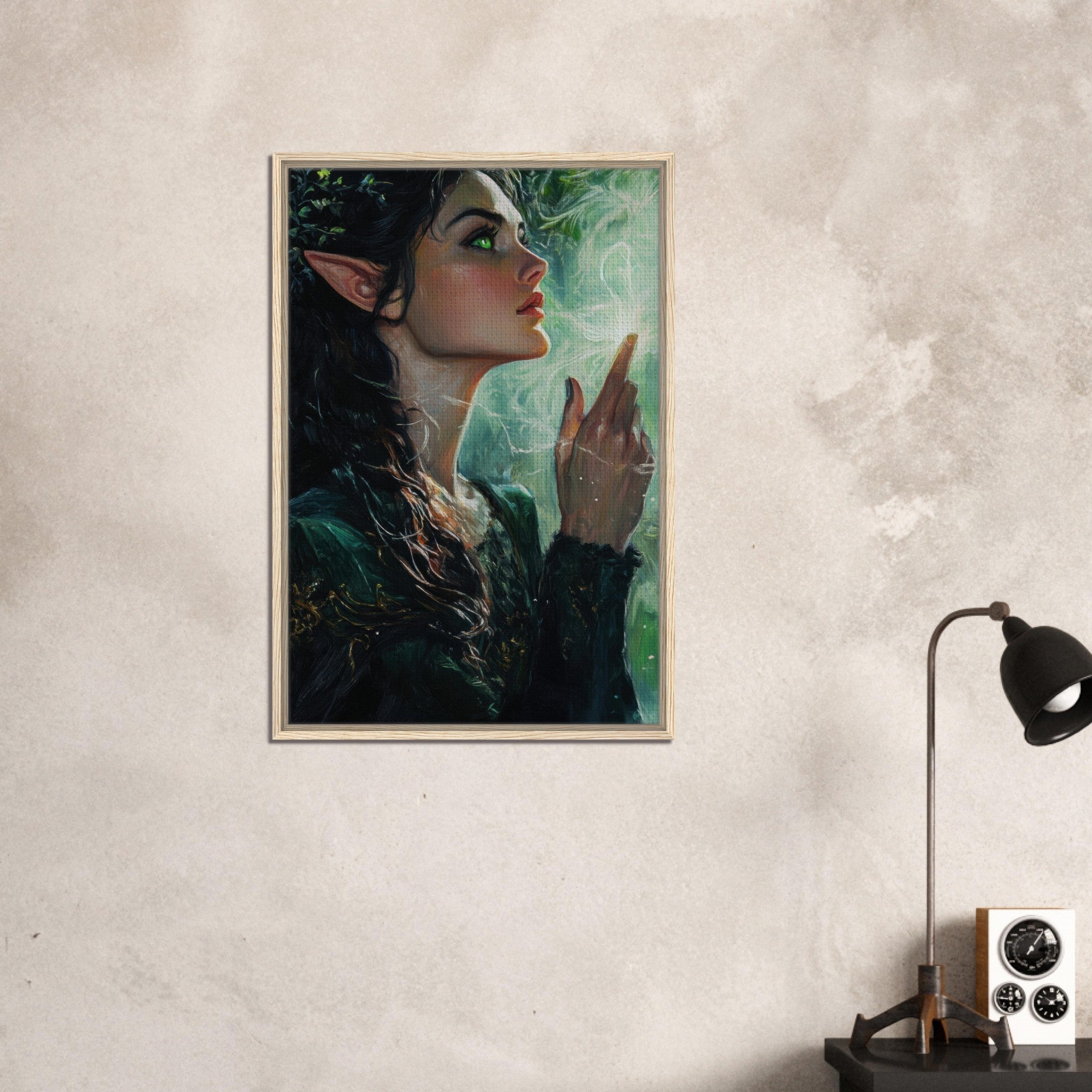 Framed Canvas Portrait - The Fae Sorceress of the Emerald Woods Oil Faint 7 - Shop Ai Art WebShop - Digital Art online Store