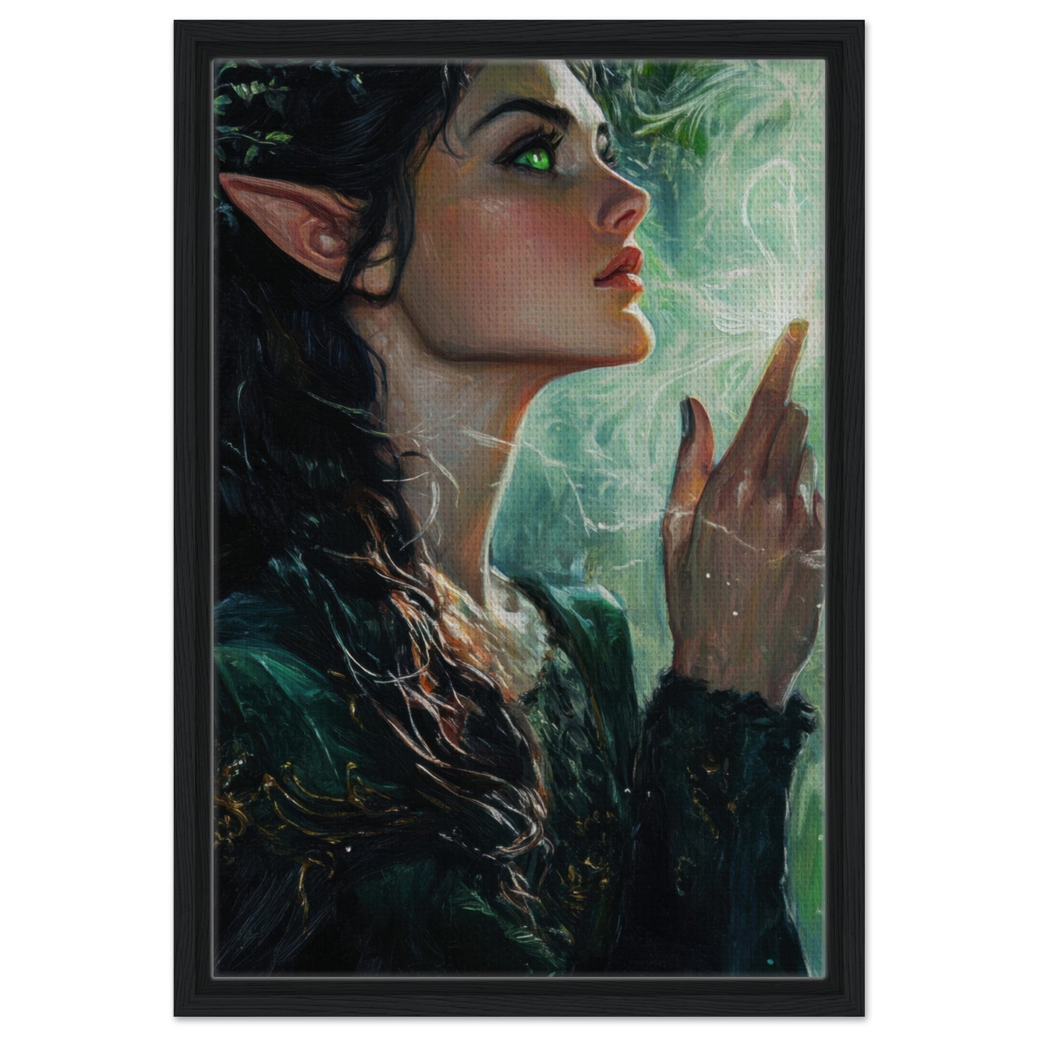 Framed Canvas Portrait - The Fae Sorceress of the Emerald Woods Oil Faint 7 - Shop Ai Art WebShop - Digital Art online Store