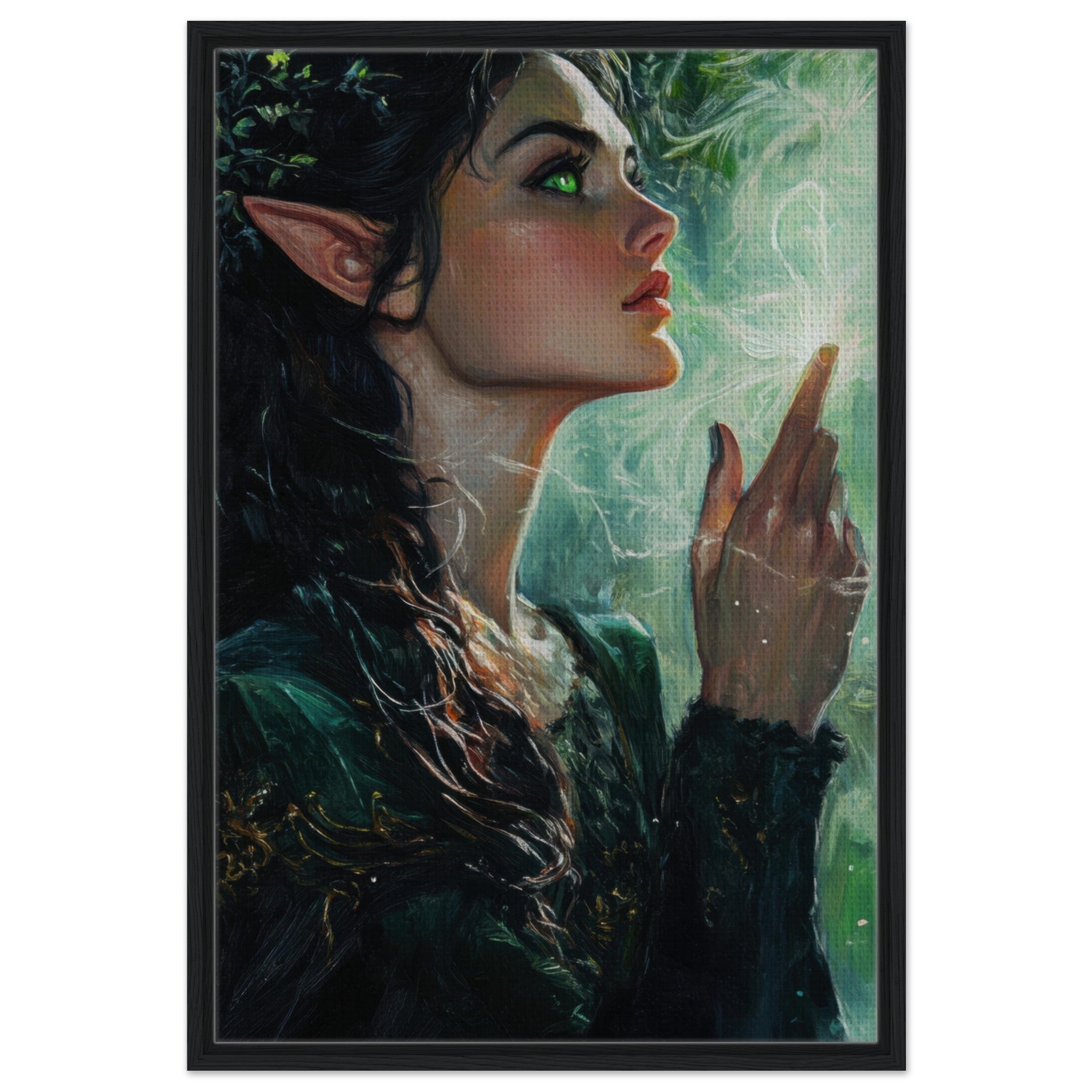 Framed Canvas Portrait - The Fae Sorceress of the Emerald Woods Oil Faint 7 - Shop Ai Art WebShop - Digital Art online Store