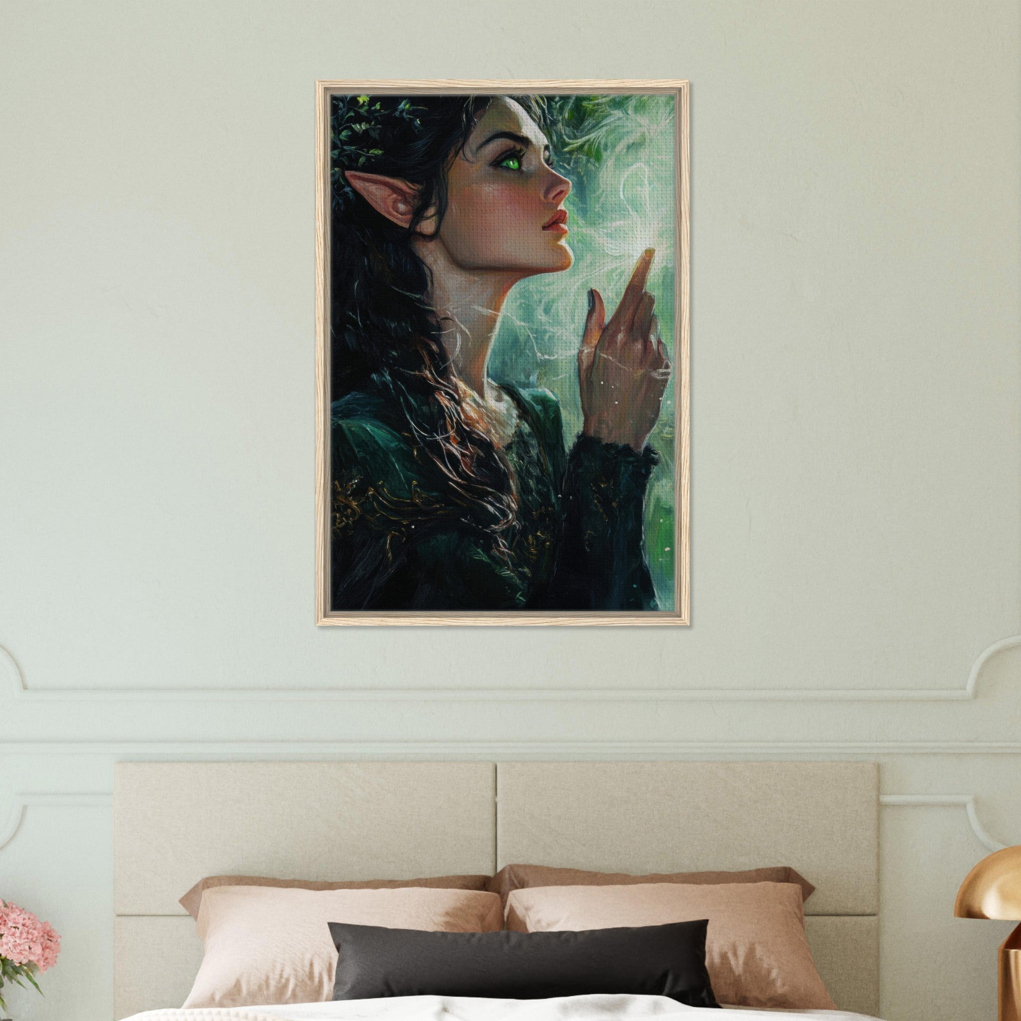 Framed Canvas Portrait - The Fae Sorceress of the Emerald Woods Oil Faint 7 - Shop Ai Art WebShop - Digital Art online Store