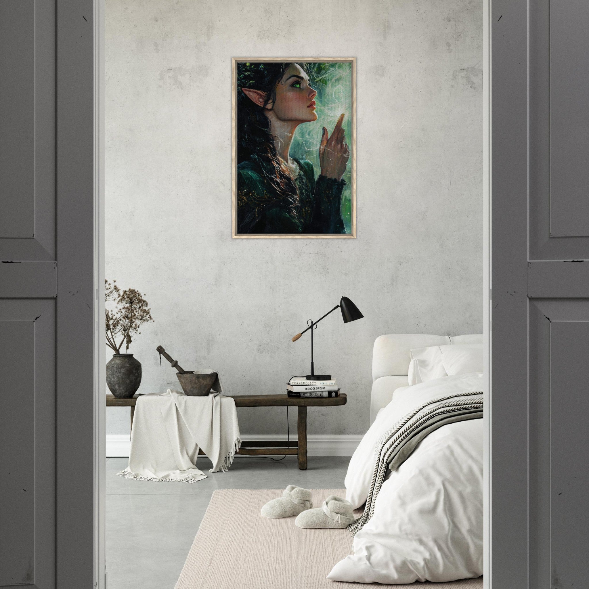 Framed Canvas Portrait - The Fae Sorceress of the Emerald Woods Oil Faint 7 - Shop Ai Art WebShop - Digital Art online Store