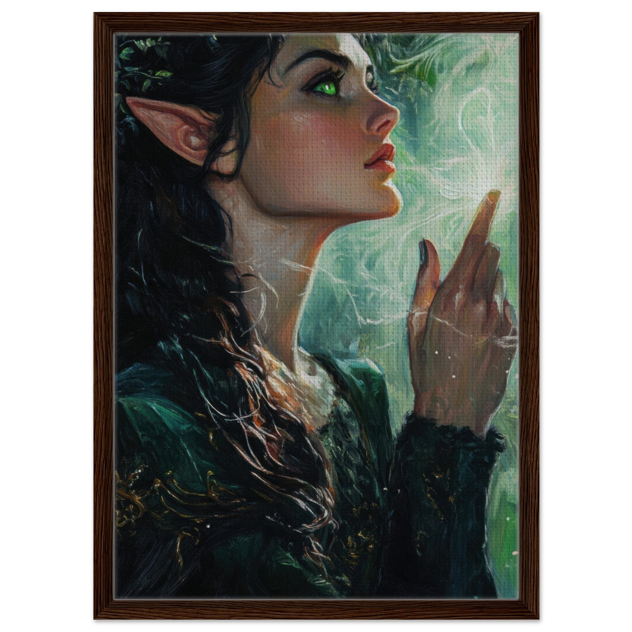 Framed Canvas Portrait - The Fae Sorceress of the Emerald Woods Oil Faint 7 - Shop Ai Art WebShop - Digital Art online Store