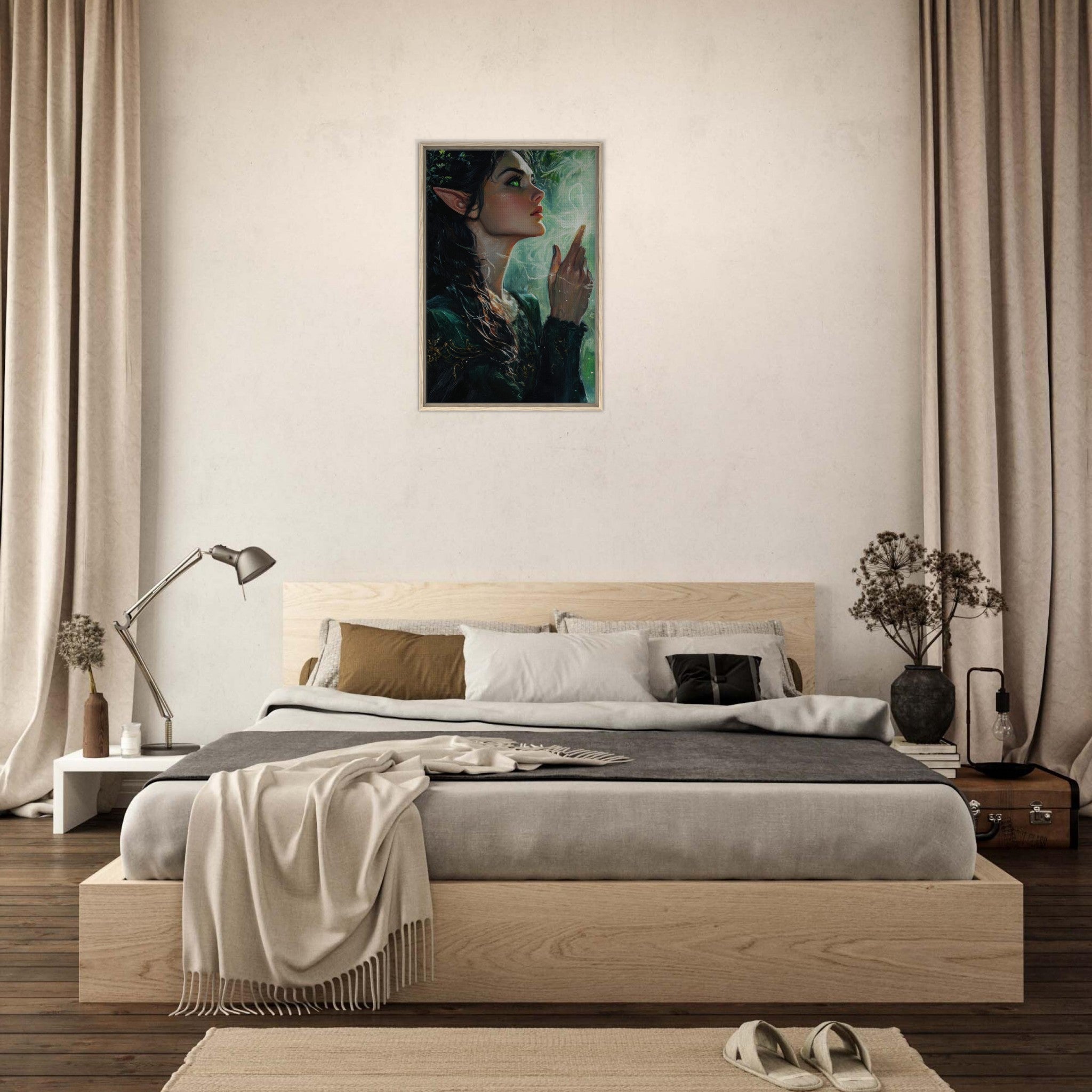 Framed Canvas Portrait - The Fae Sorceress of the Emerald Woods Oil Faint 7 - Shop Ai Art WebShop - Digital Art online Store
