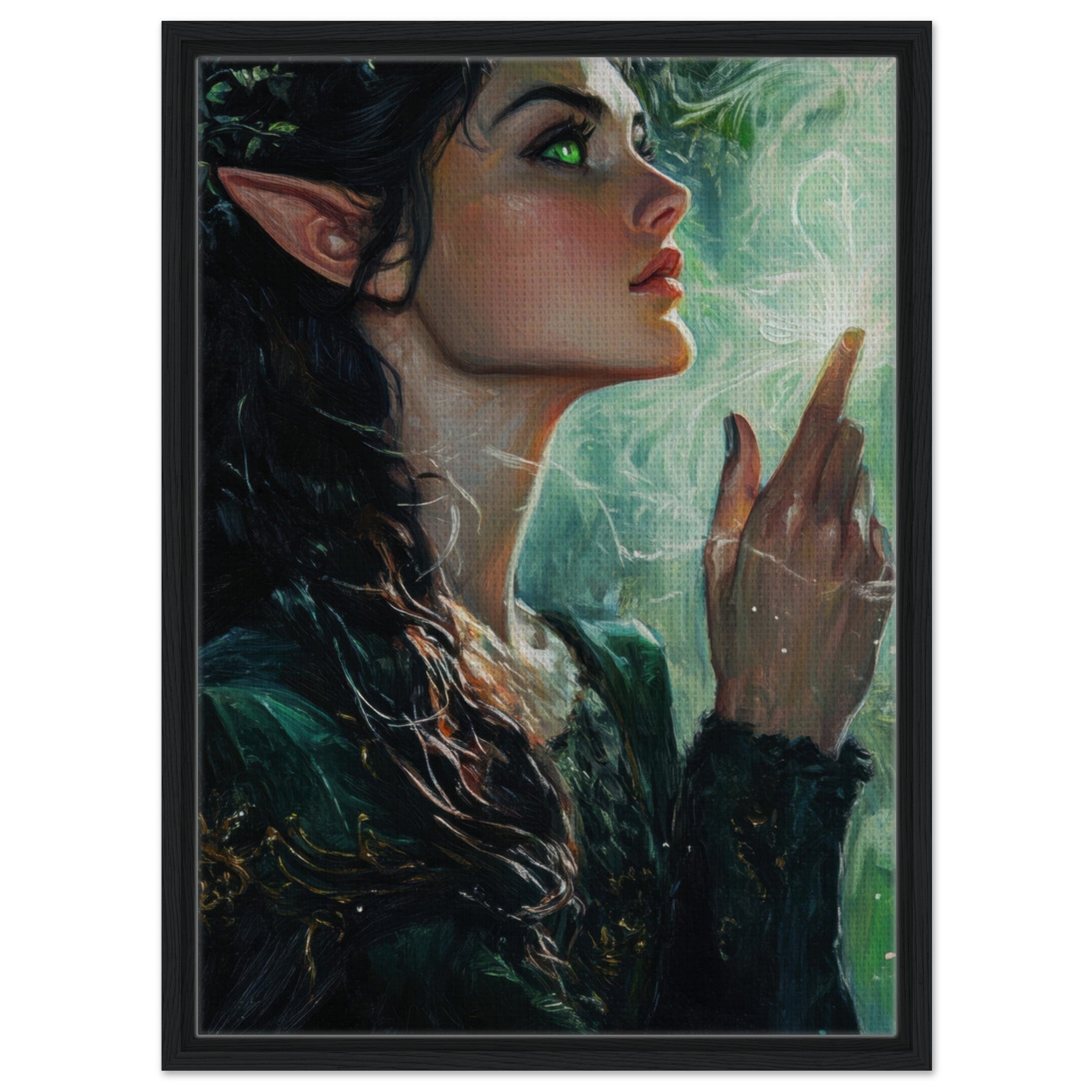 Framed Canvas Portrait - The Fae Sorceress of the Emerald Woods Oil Faint 7 - Shop Ai Art WebShop - Digital Art online Store