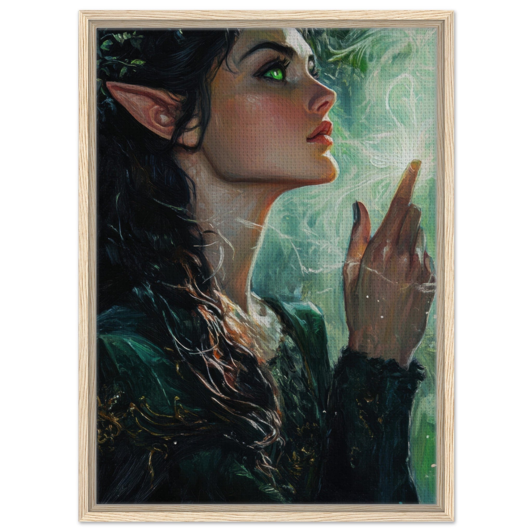 Framed Canvas Portrait - The Fae Sorceress of the Emerald Woods Oil Faint 7 - Shop Ai Art WebShop - Digital Art online Store