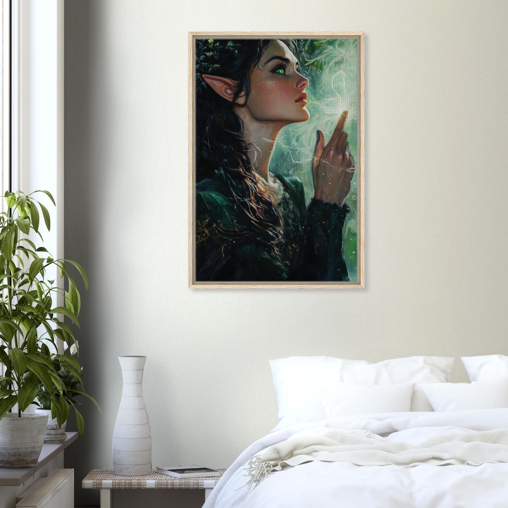 Framed Canvas Portrait - The Fae Sorceress of the Emerald Woods Oil Faint 7 - Shop Ai Art WebShop - Digital Art online Store