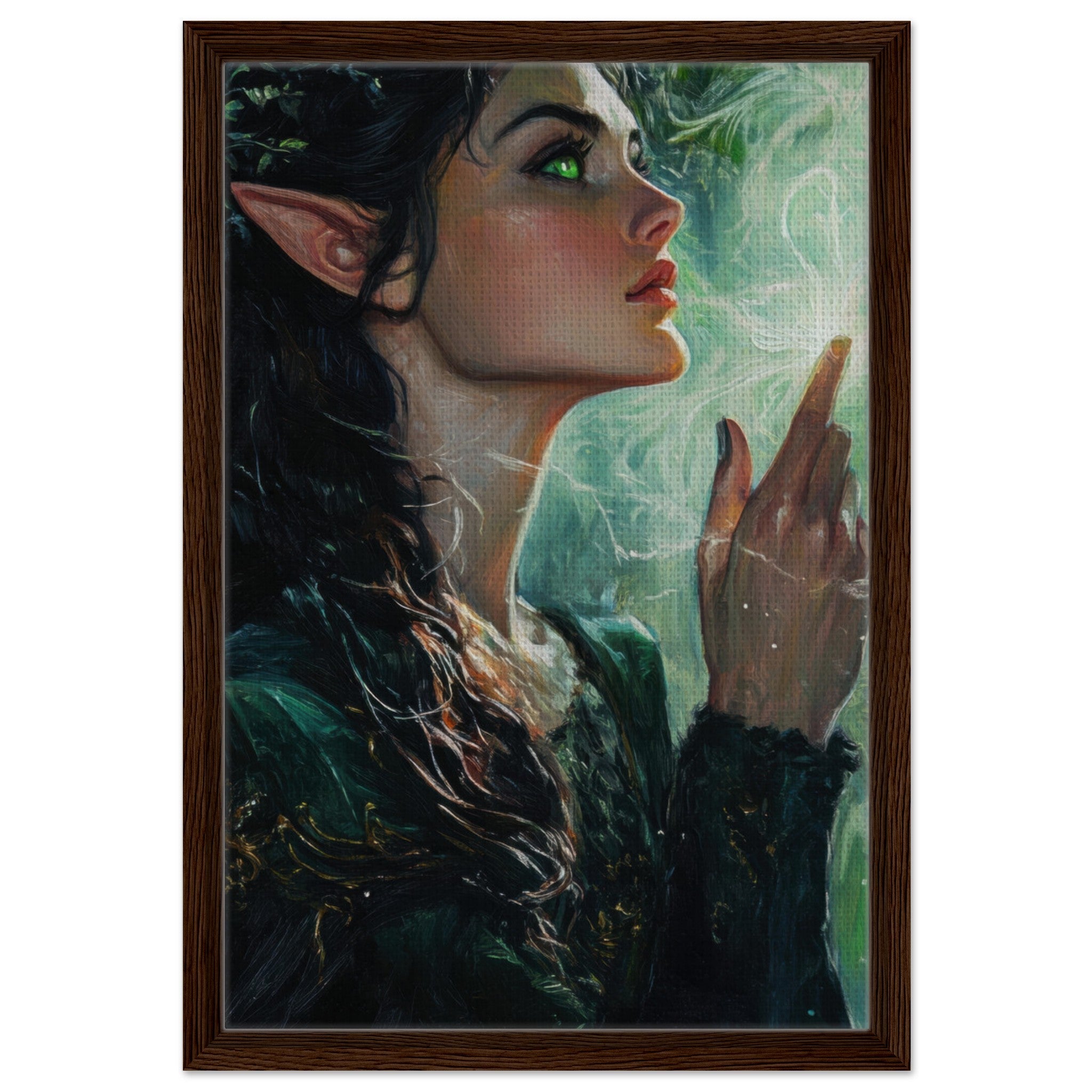 Framed Canvas Portrait - The Fae Sorceress of the Emerald Woods Oil Faint 7 - Shop Ai Art WebShop - Digital Art online Store