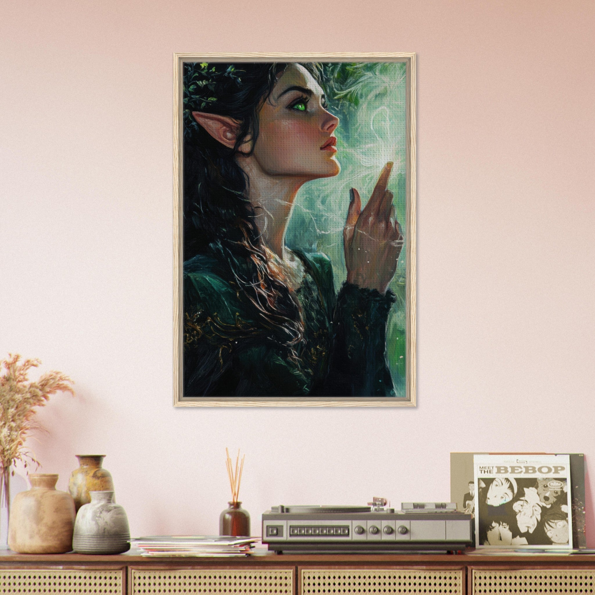 Framed Canvas Portrait - The Fae Sorceress of the Emerald Woods Oil Faint 7 - Shop Ai Art WebShop - Digital Art online Store