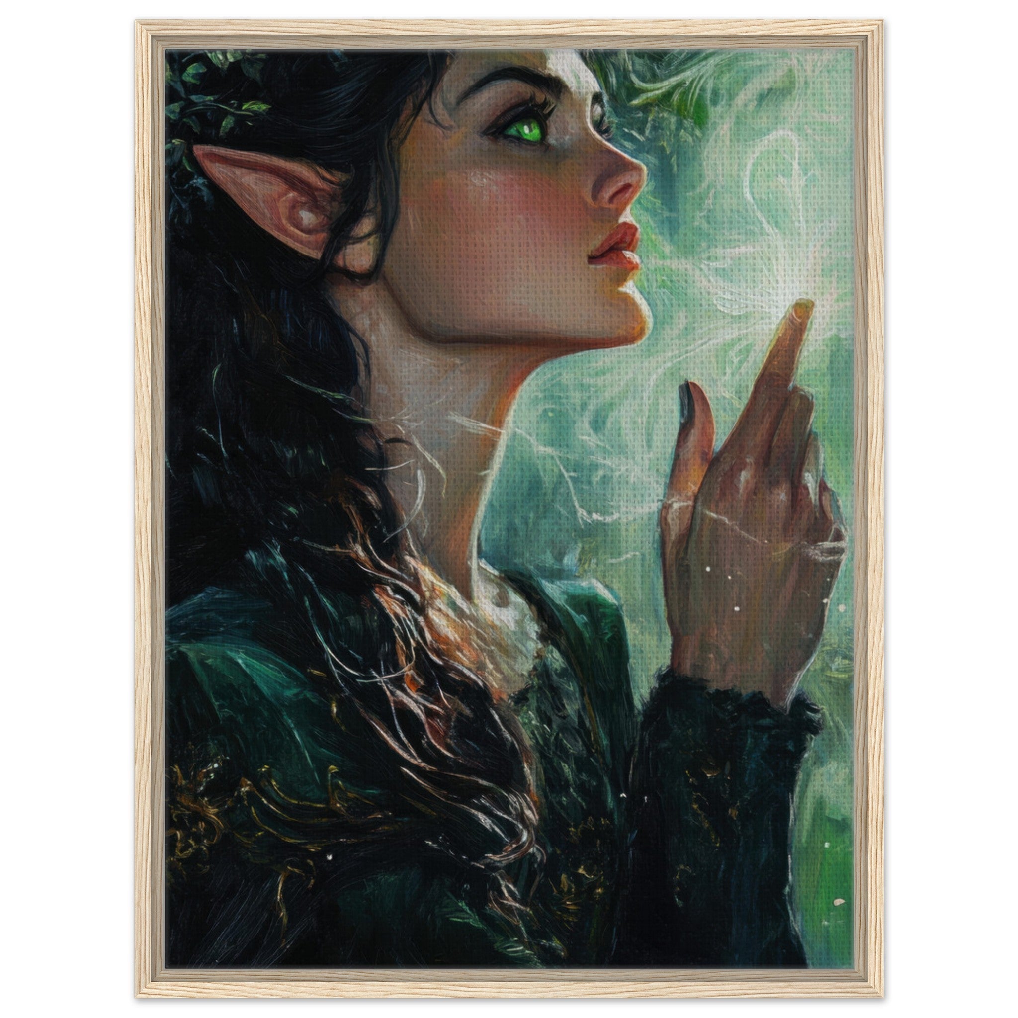 Framed Canvas Portrait - The Fae Sorceress of the Emerald Woods Oil Faint 7 - Shop Ai Art WebShop - Digital Art online Store