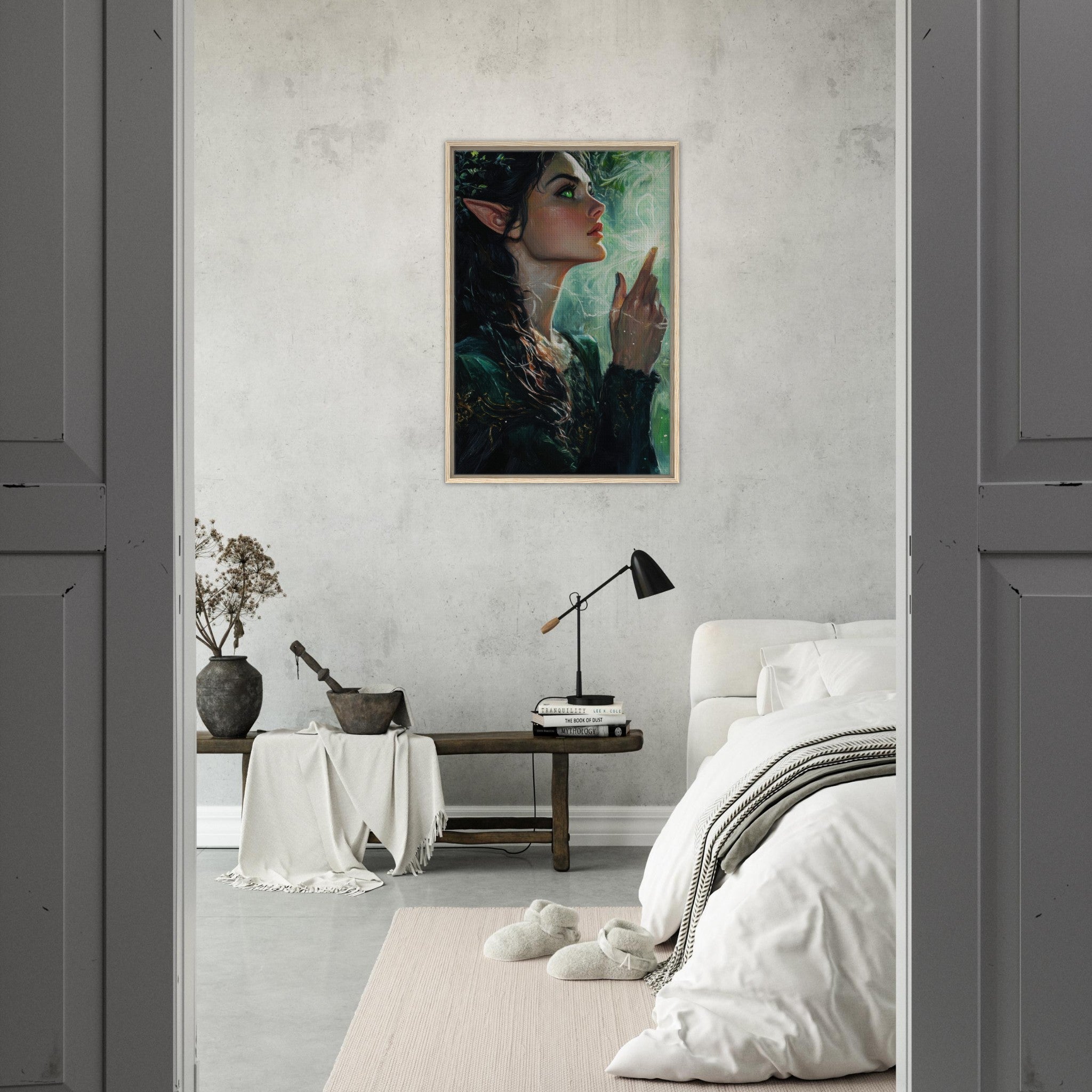 Framed Canvas Portrait - The Fae Sorceress of the Emerald Woods Oil Faint 7 - Shop Ai Art WebShop - Digital Art online Store