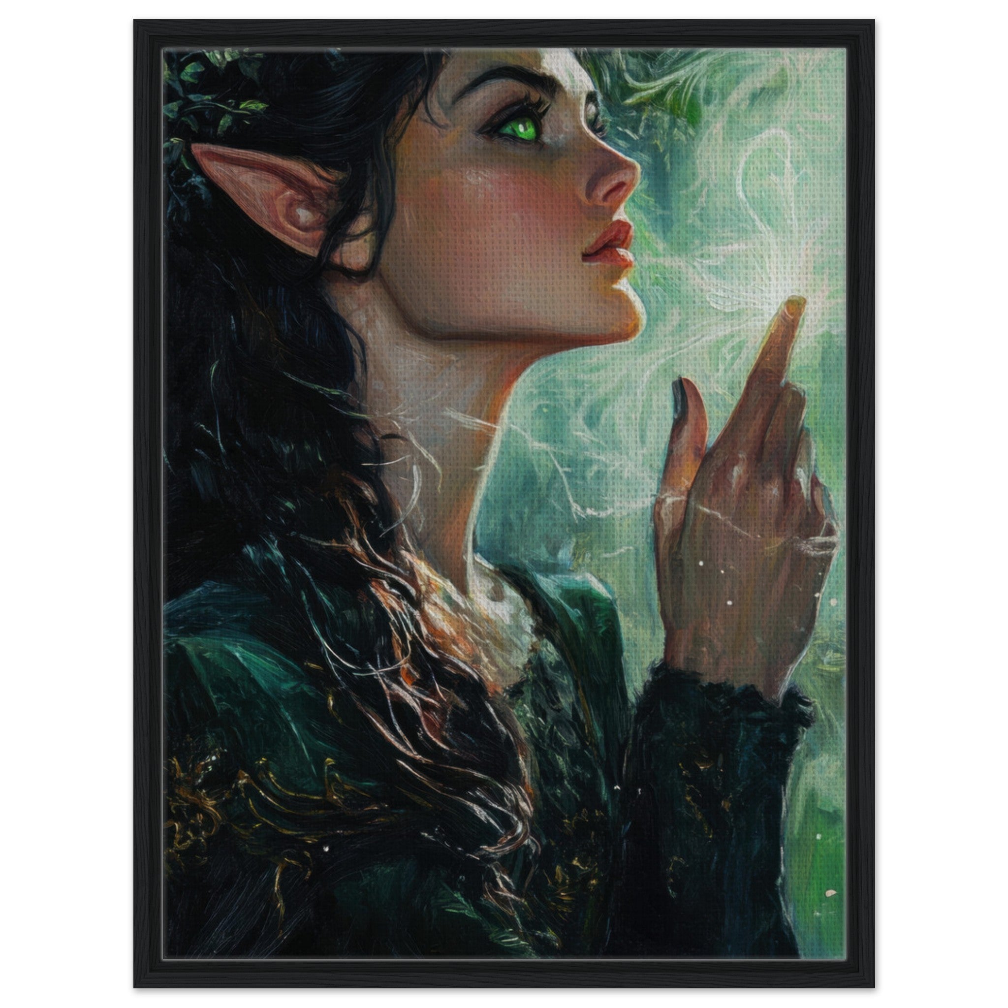 Framed Canvas Portrait - The Fae Sorceress of the Emerald Woods Oil Faint 7 - Shop Ai Art WebShop - Digital Art online Store