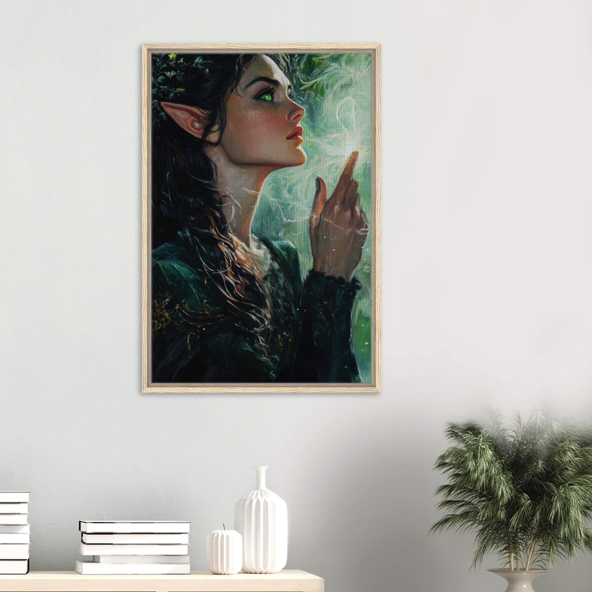 Framed Canvas Portrait - The Fae Sorceress of the Emerald Woods Oil Faint 7 - Shop Ai Art WebShop - Digital Art online Store