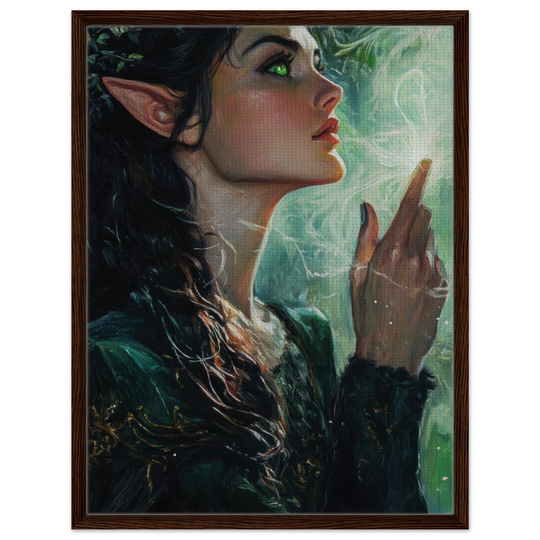 Framed Canvas Portrait - The Fae Sorceress of the Emerald Woods Oil Faint 7 - Shop Ai Art WebShop - Digital Art online Store