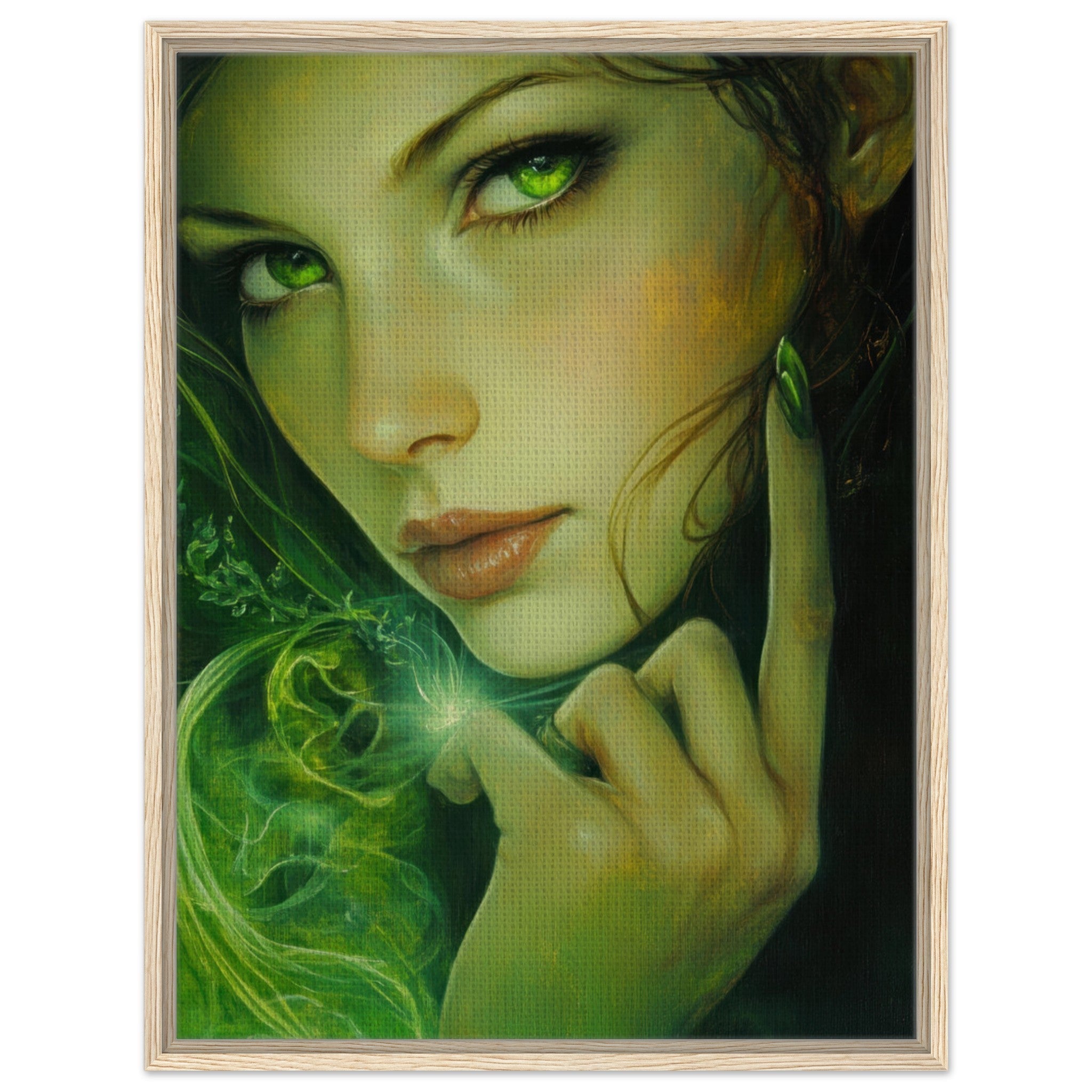 Framed Canvas Portrait - The Fae Sorceress of the Emerald Woods Oil Faint - Shop Ai Art WebShop - Digital Art online Store