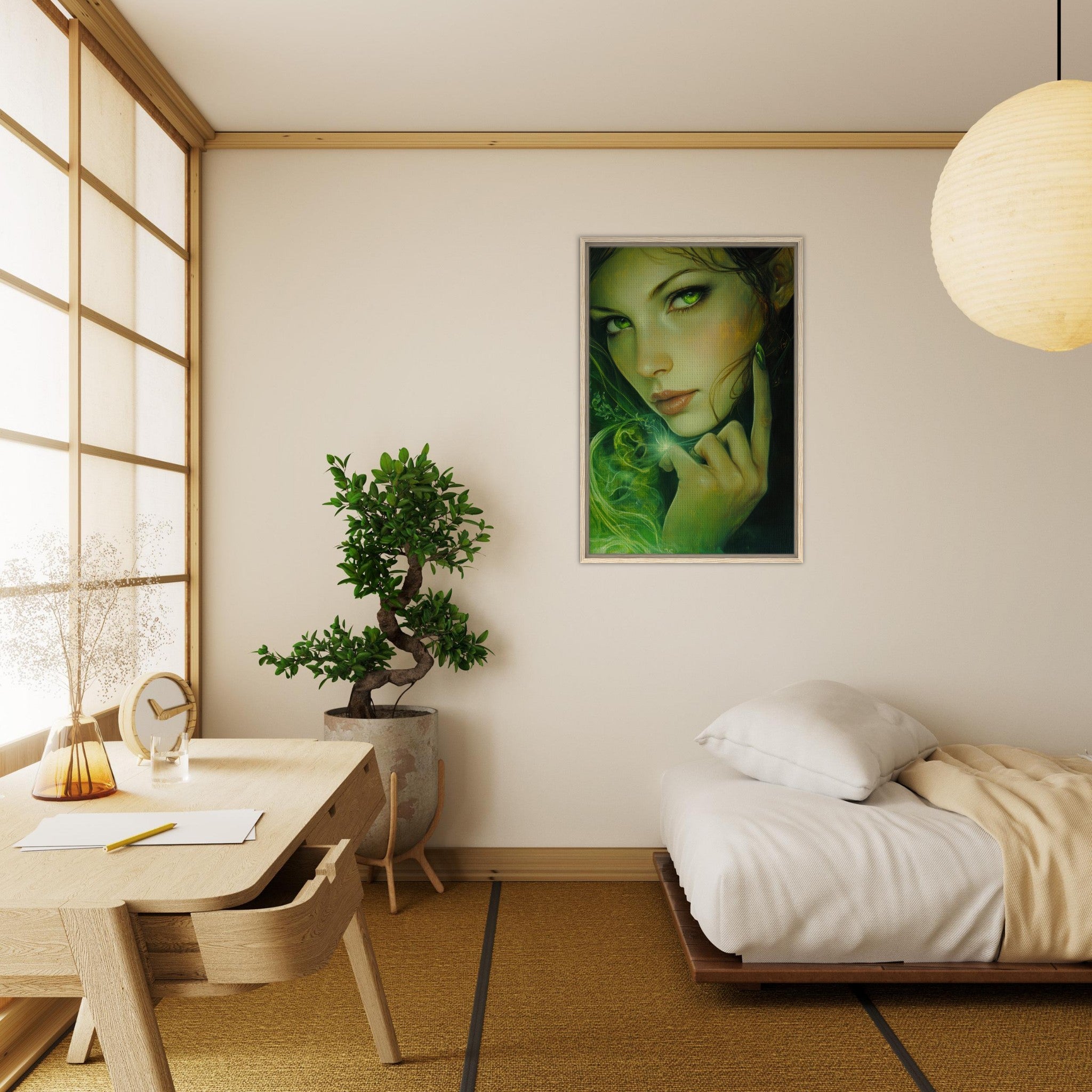 Framed Canvas Portrait - The Fae Sorceress of the Emerald Woods Oil Faint - Shop Ai Art WebShop - Digital Art online Store