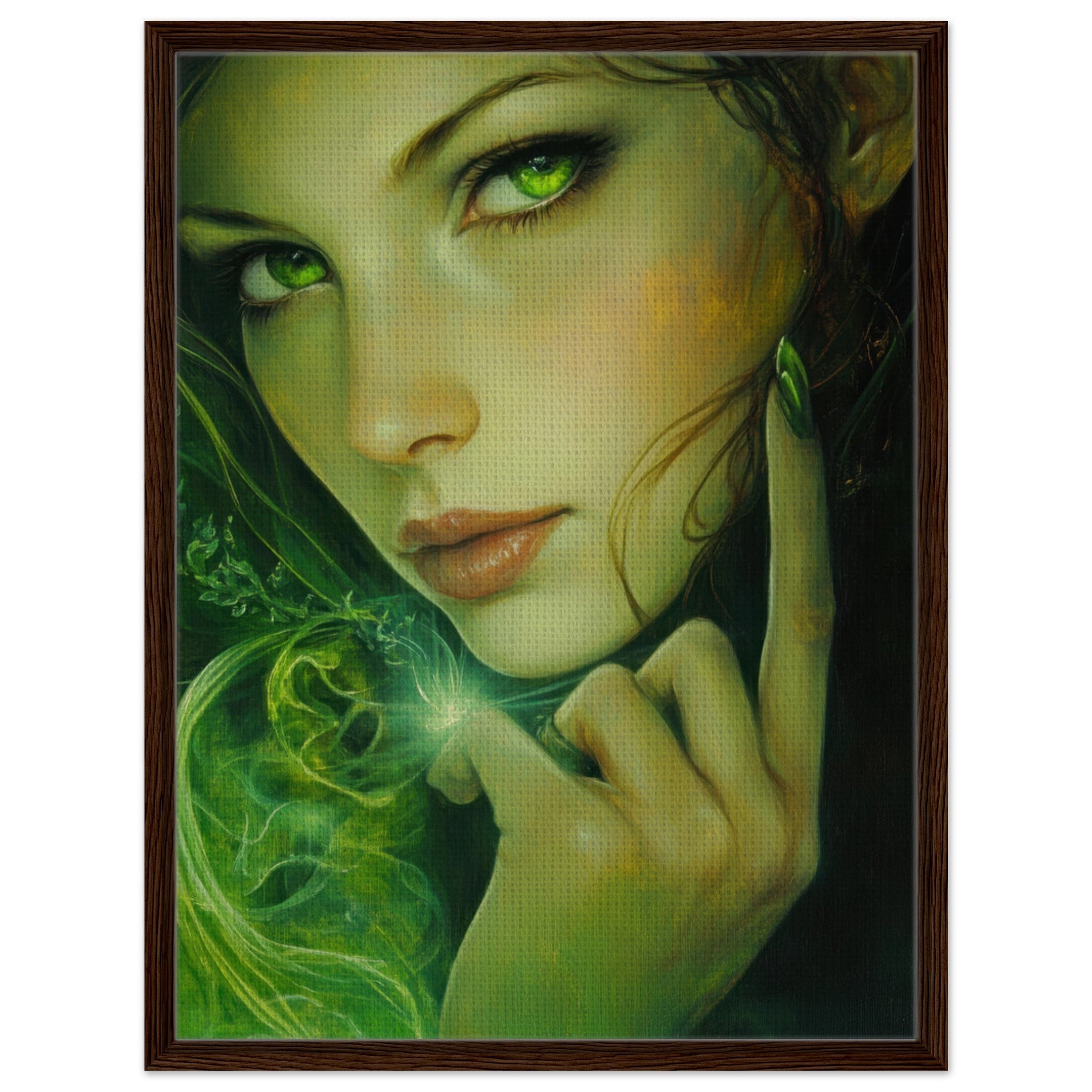 Framed Canvas Portrait - The Fae Sorceress of the Emerald Woods Oil Faint - Shop Ai Art WebShop - Digital Art online Store