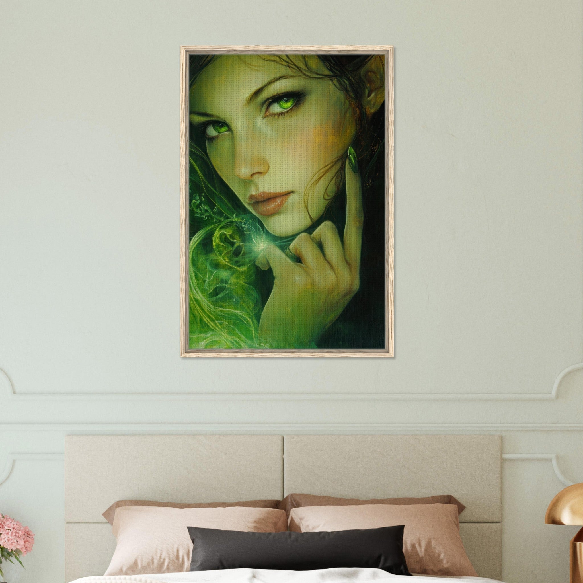 Framed Canvas Portrait - The Fae Sorceress of the Emerald Woods Oil Faint - Shop Ai Art WebShop - Digital Art online Store