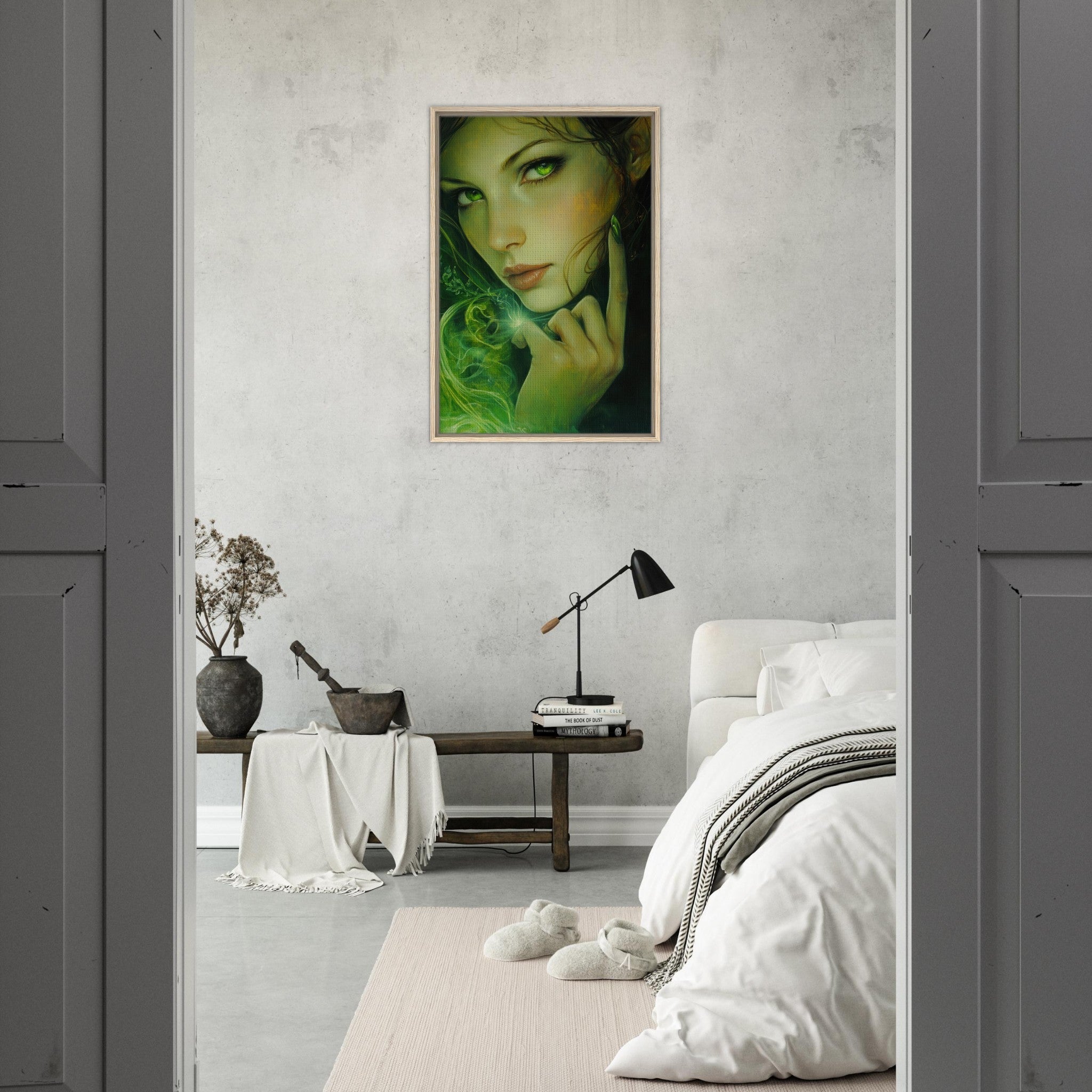 Framed Canvas Portrait - The Fae Sorceress of the Emerald Woods Oil Faint - Shop Ai Art WebShop - Digital Art online Store