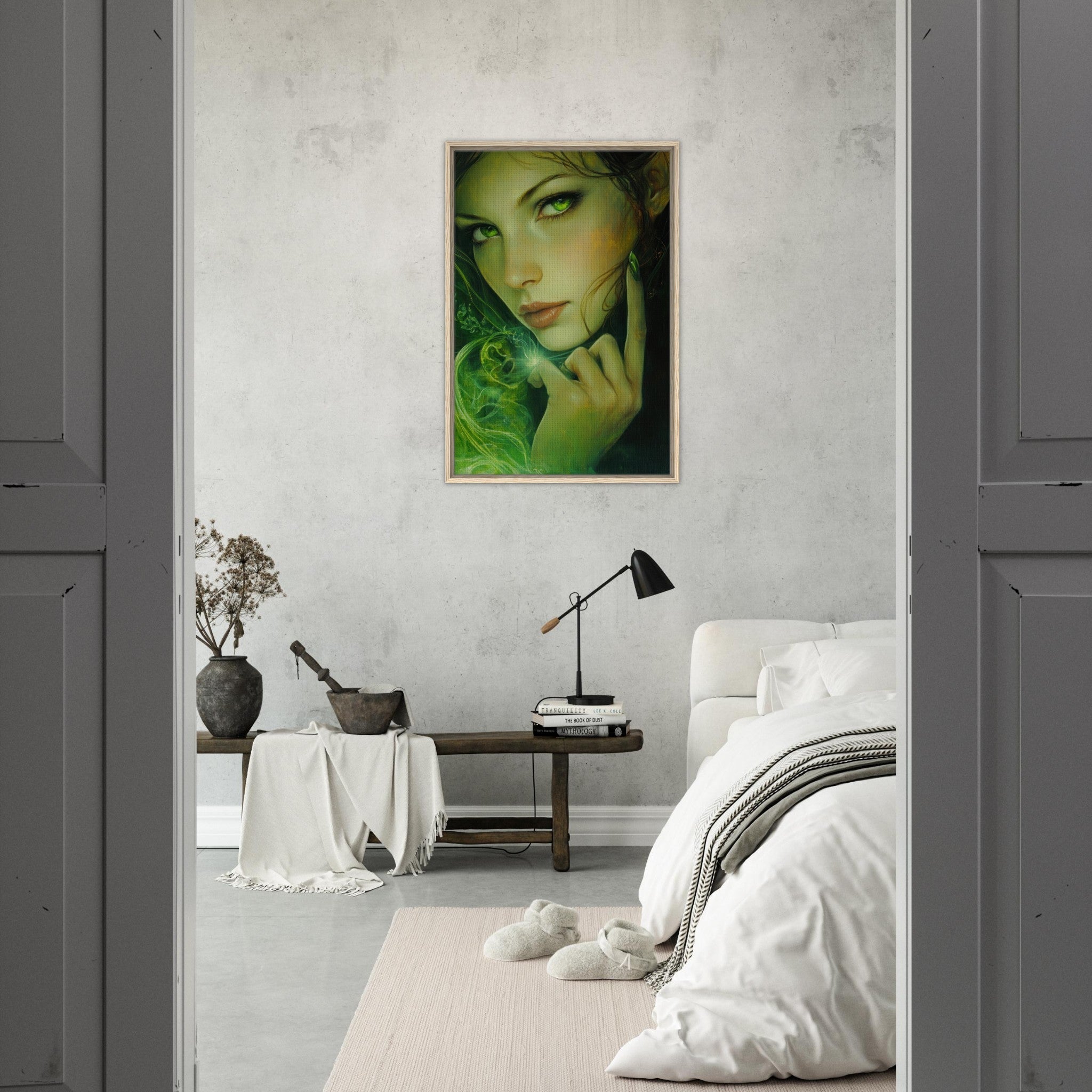Framed Canvas Portrait - The Fae Sorceress of the Emerald Woods Oil Faint - Shop Ai Art WebShop - Digital Art online Store