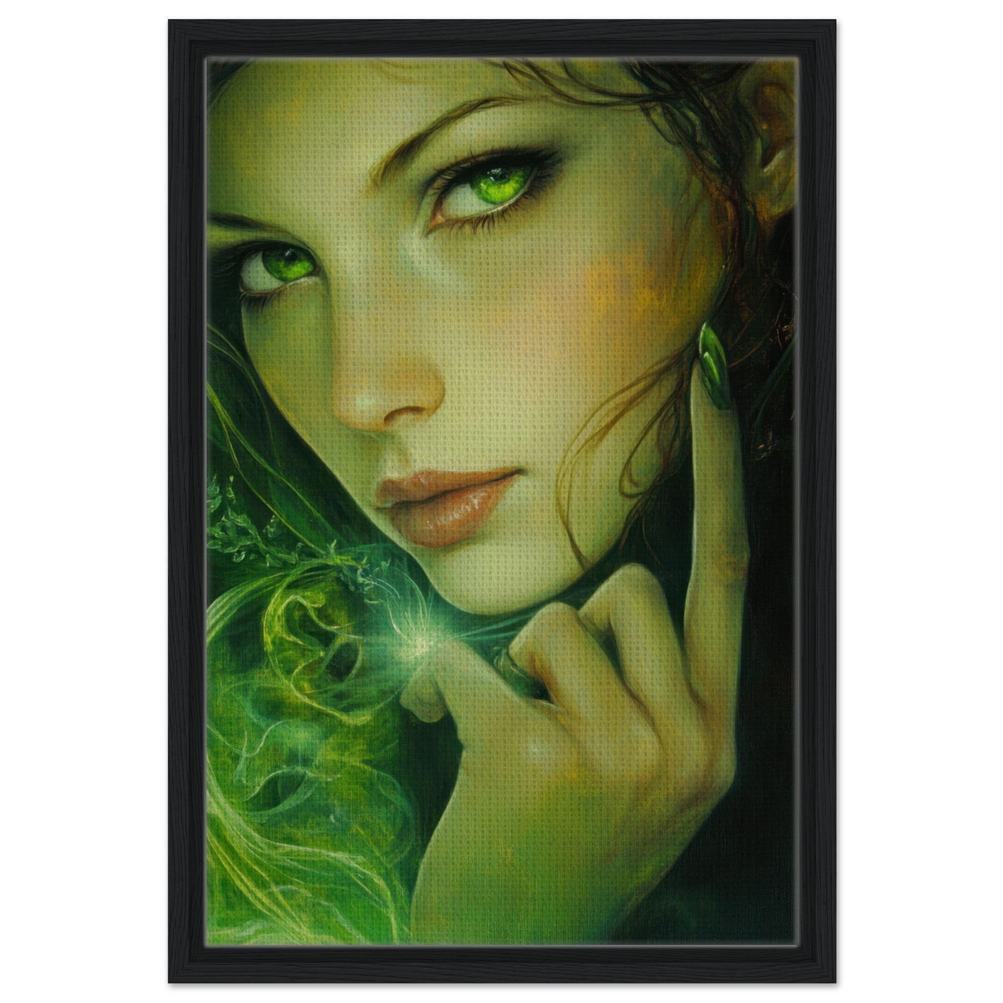 Framed Canvas Portrait - The Fae Sorceress of the Emerald Woods Oil Faint - Shop Ai Art WebShop - Digital Art online Store