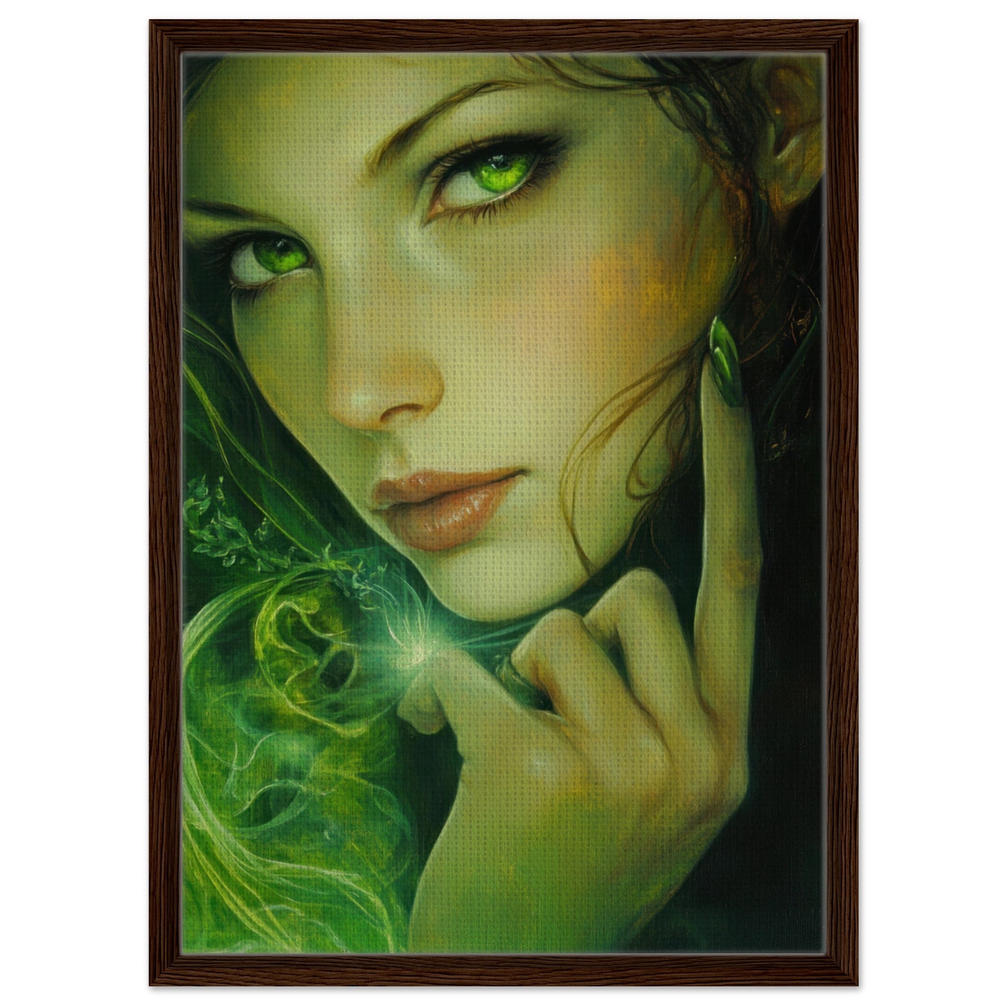 Framed Canvas Portrait - The Fae Sorceress of the Emerald Woods Oil Faint - Shop Ai Art WebShop - Digital Art online Store