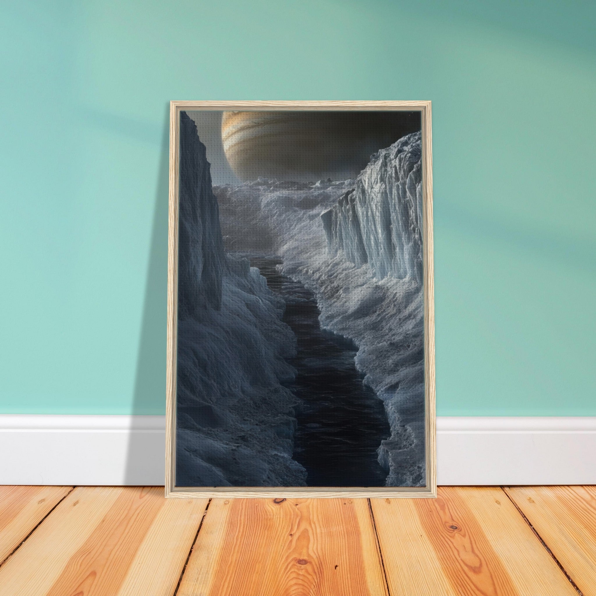 Framed Canvas Portrait - The Frozen Wasteland of Europa An expedition tea 2 - Shop Ai Art WebShop - Digital Art online Store