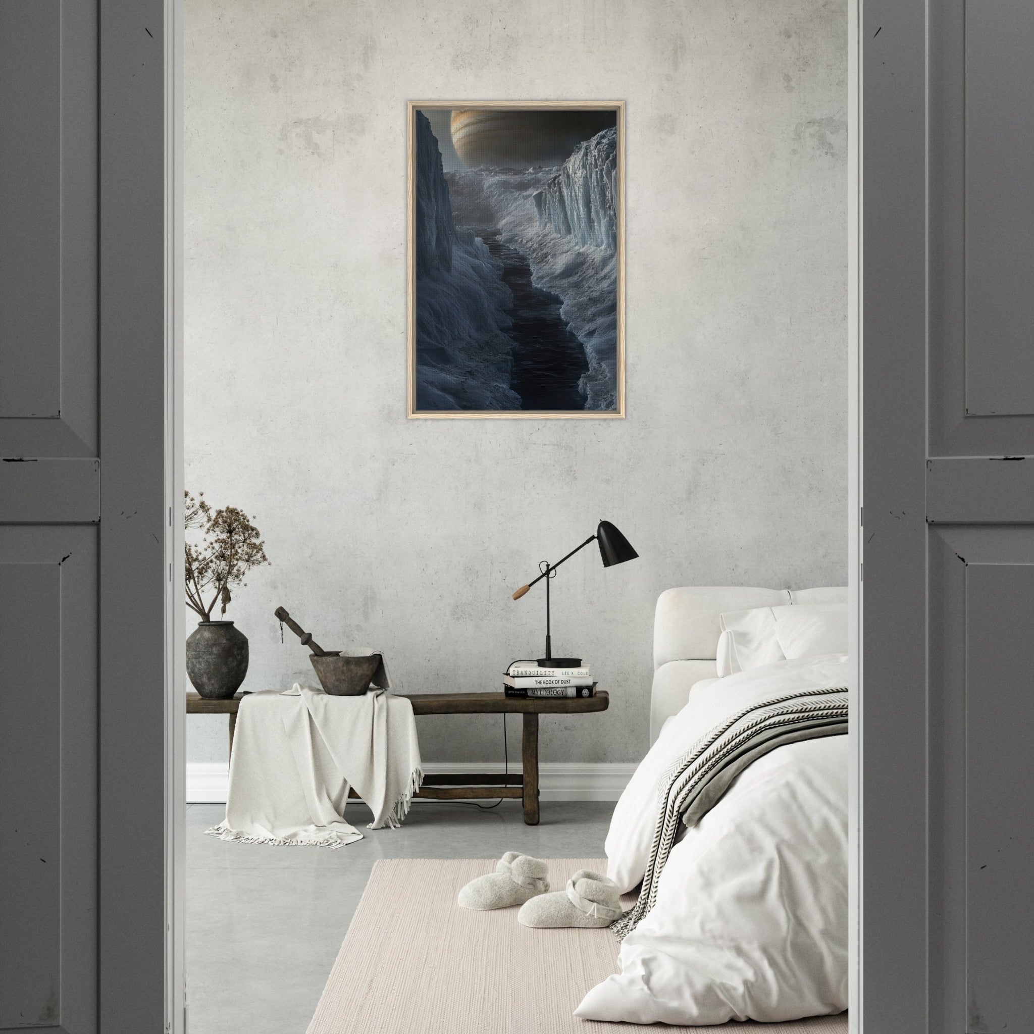 Framed Canvas Portrait - The Frozen Wasteland of Europa An expedition tea 2 - Shop Ai Art WebShop - Digital Art online Store