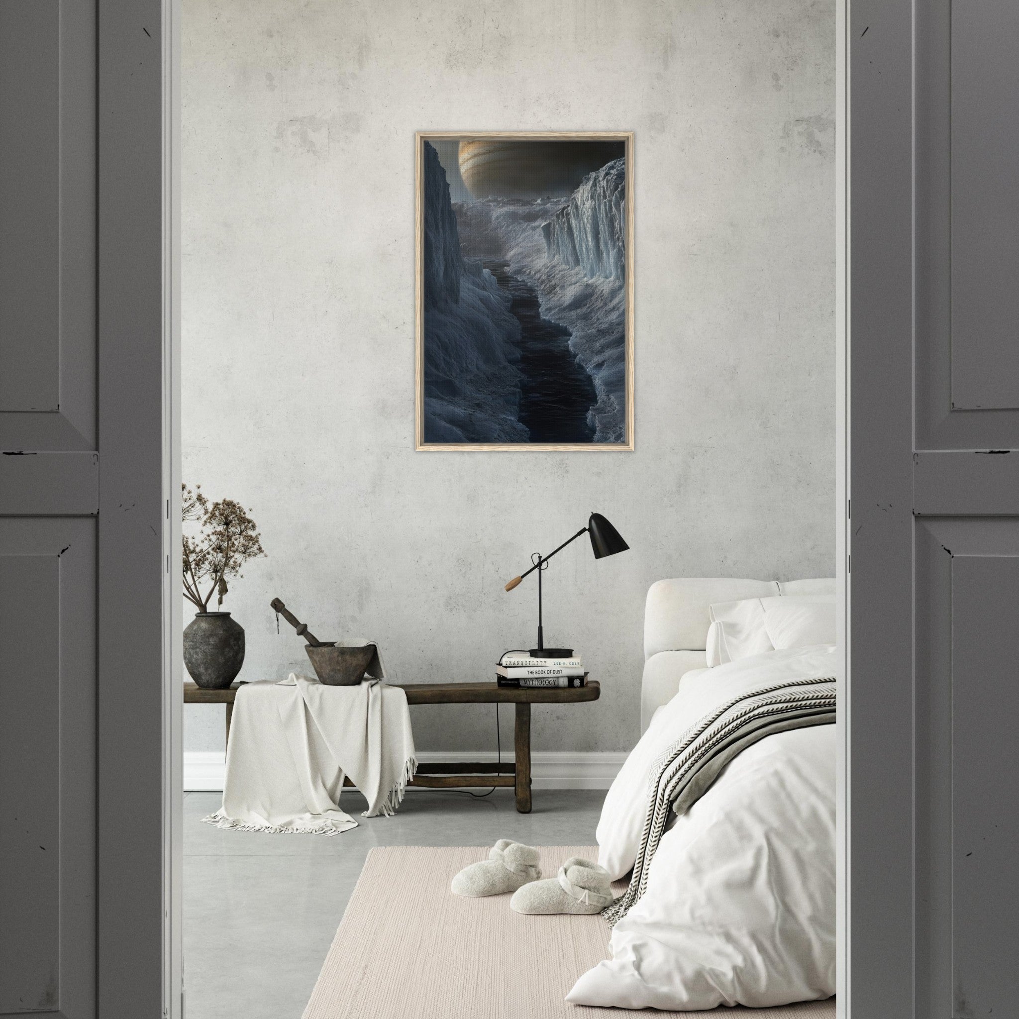 Framed Canvas Portrait - The Frozen Wasteland of Europa An expedition tea 2 - Shop Ai Art WebShop - Digital Art online Store