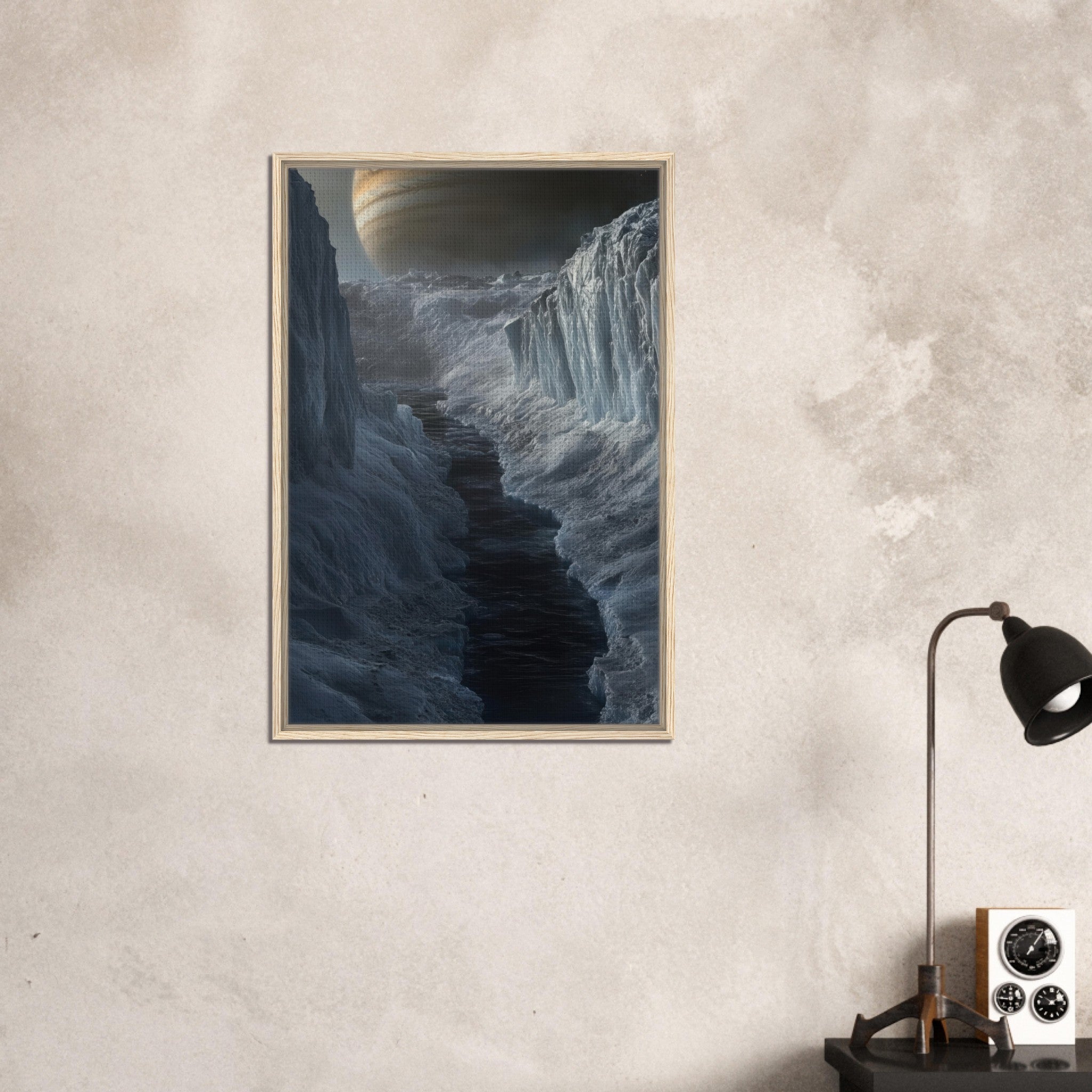 Framed Canvas Portrait - The Frozen Wasteland of Europa An expedition tea 2 - Shop Ai Art WebShop - Digital Art online Store