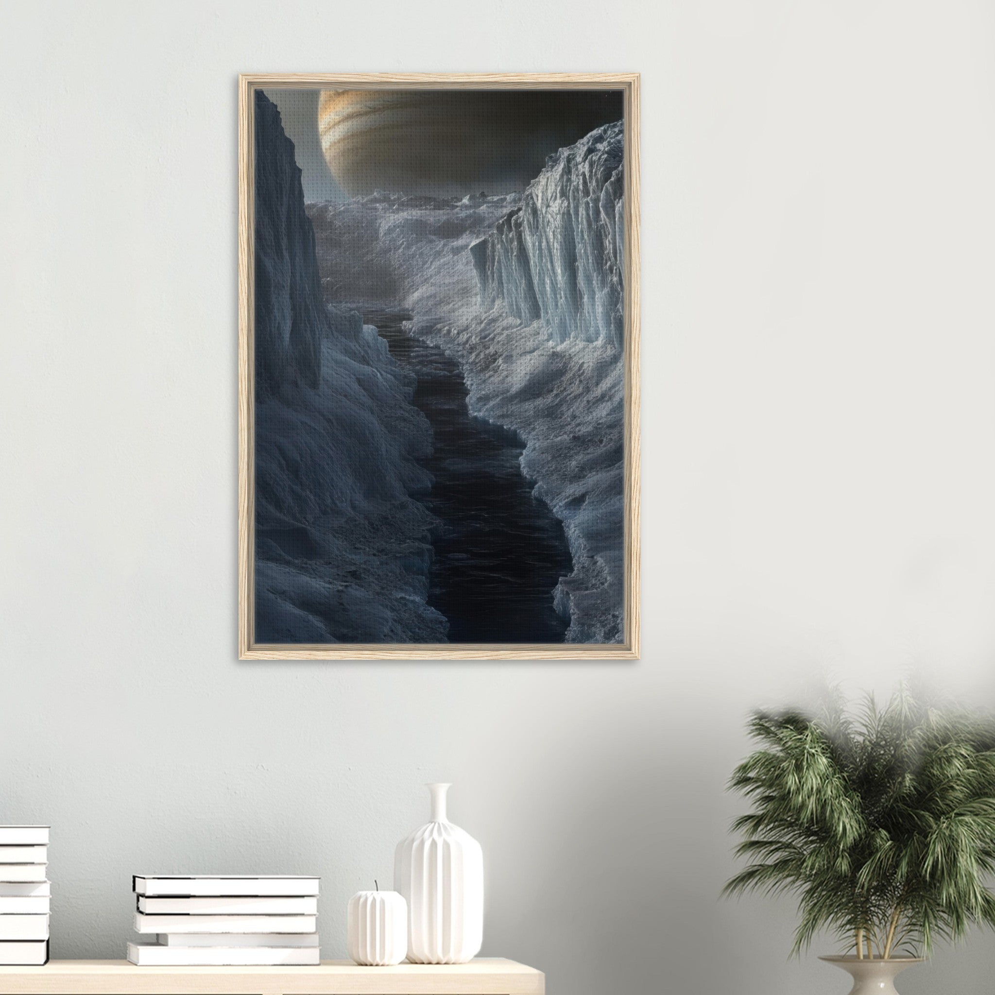 Framed Canvas Portrait - The Frozen Wasteland of Europa An expedition tea 2 - Shop Ai Art WebShop - Digital Art online Store