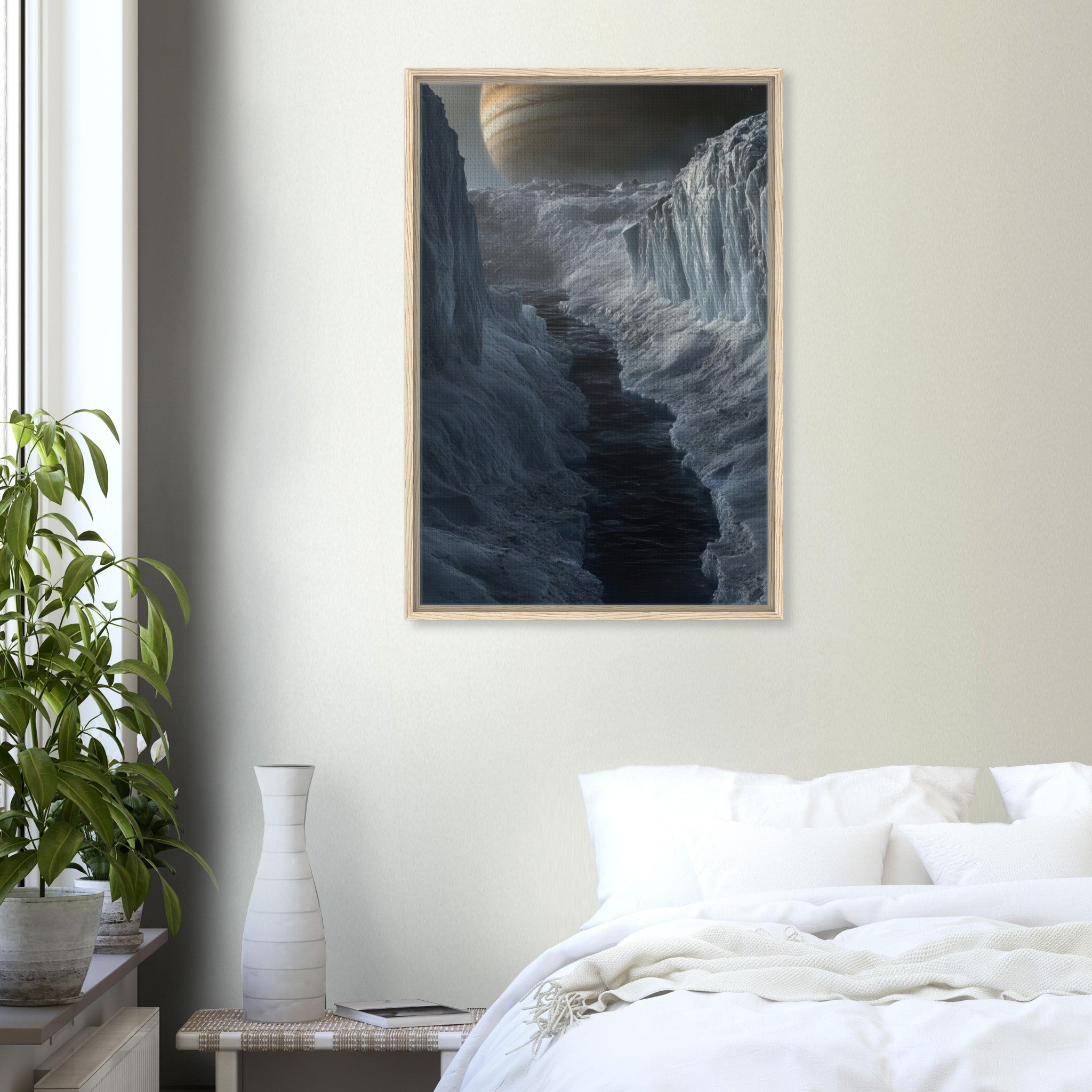 Framed Canvas Portrait - The Frozen Wasteland of Europa An expedition tea 2 - Shop Ai Art WebShop - Digital Art online Store