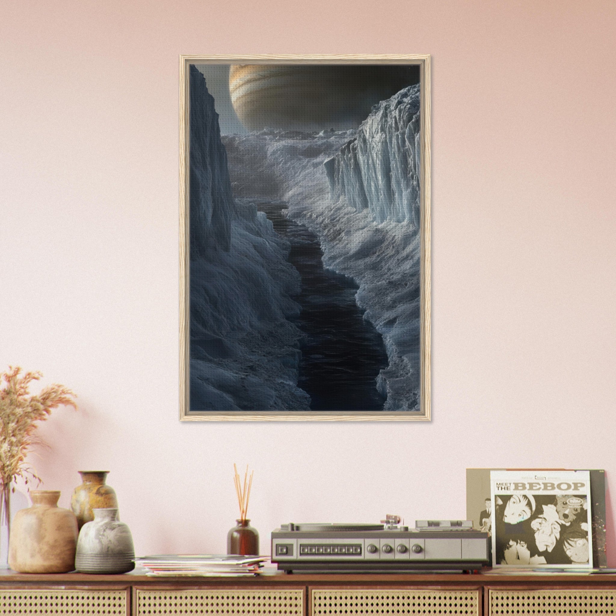 Framed Canvas Portrait - The Frozen Wasteland of Europa An expedition tea 2 - Shop Ai Art WebShop - Digital Art online Store