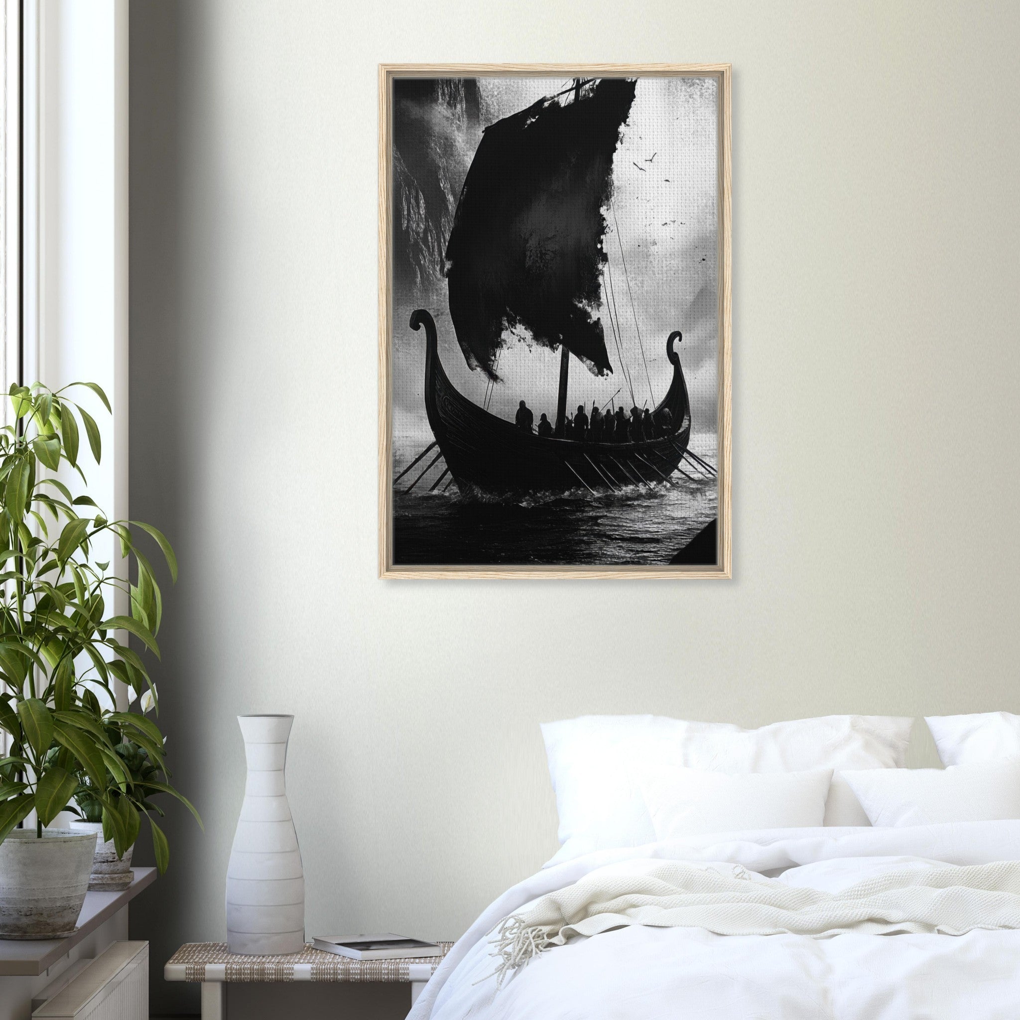 Framed Canvas Portrait - The Ghostly Viking Longship Dark Nordic Ink Met - Shop Ai Art WebShop - Digital Art online Store