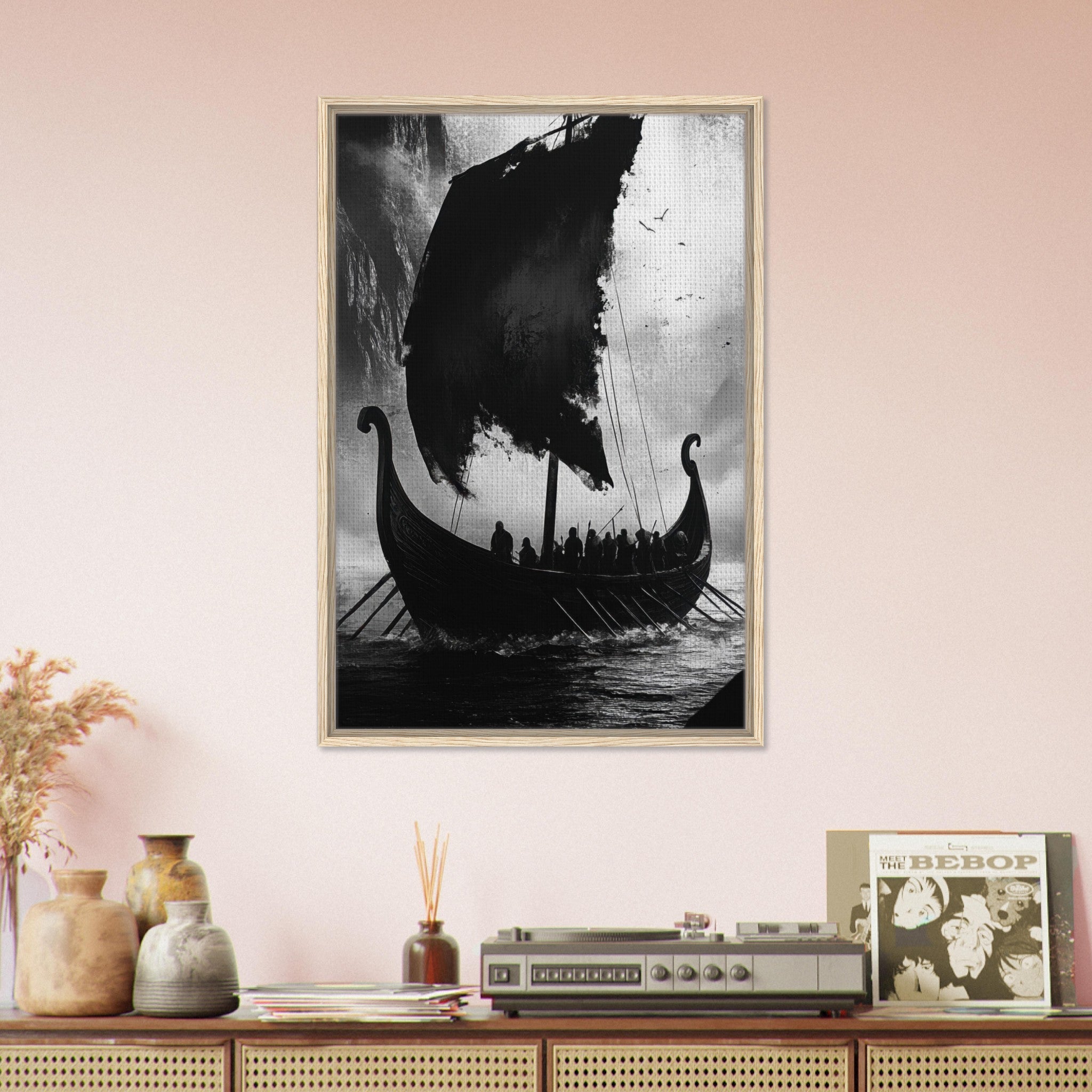 Framed Canvas Portrait - The Ghostly Viking Longship Dark Nordic Ink Met - Shop Ai Art WebShop - Digital Art online Store