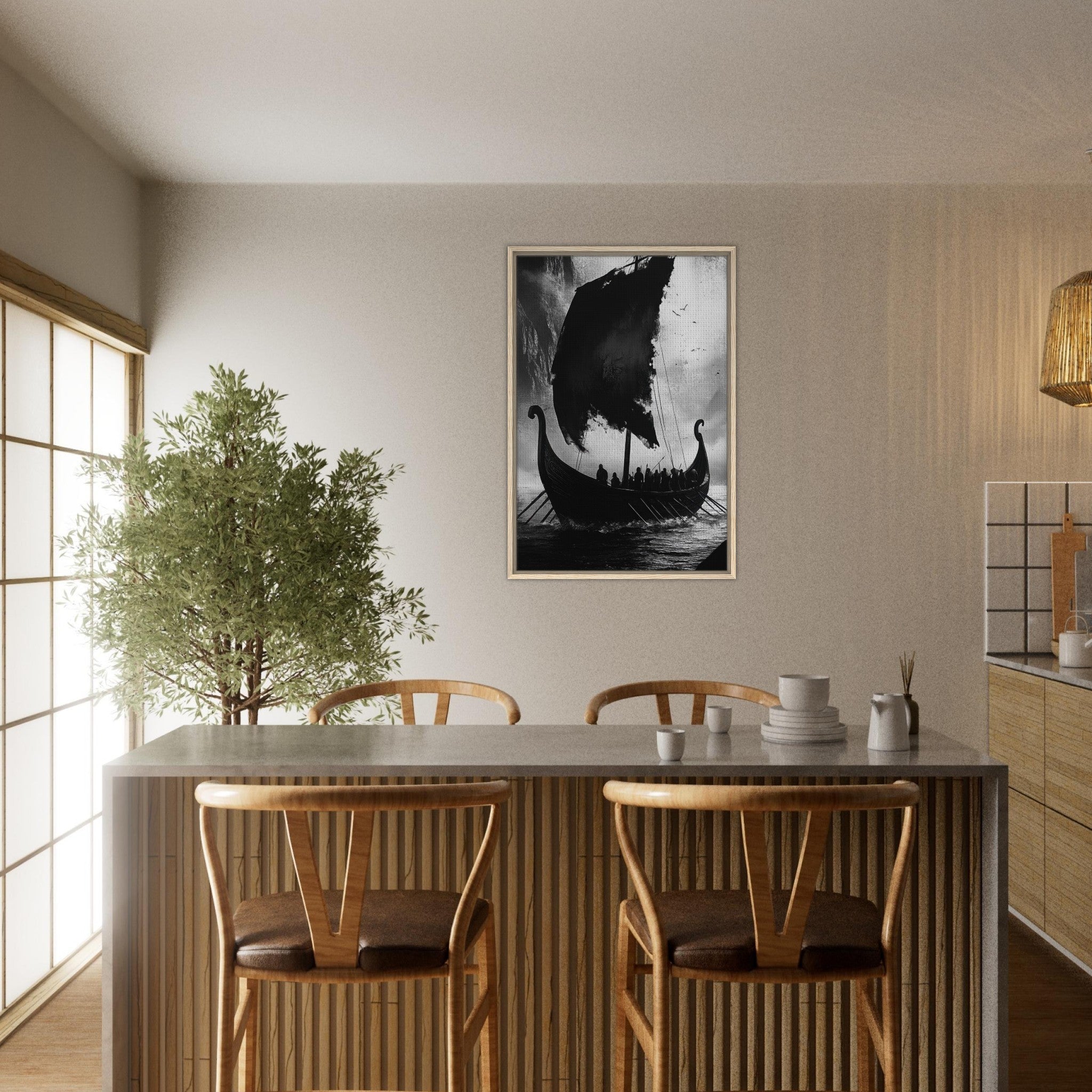 Framed Canvas Portrait - The Ghostly Viking Longship Dark Nordic Ink Met - Shop Ai Art WebShop - Digital Art online Store