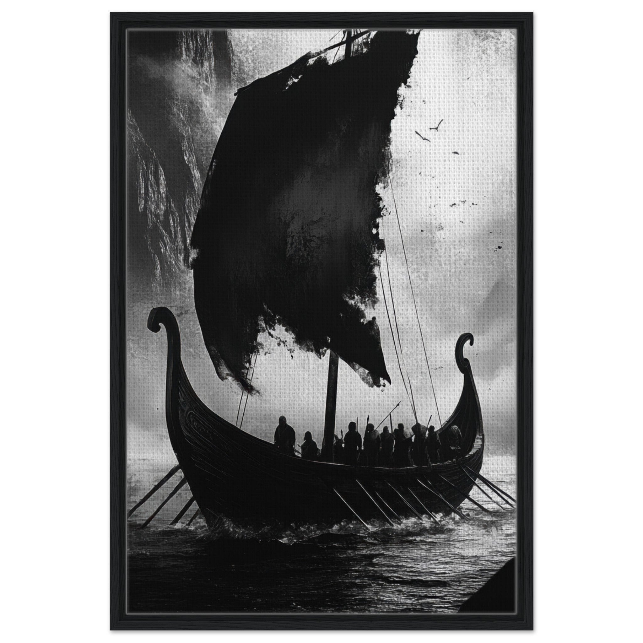 Framed Canvas Portrait - The Ghostly Viking Longship Dark Nordic Ink Met - Shop Ai Art WebShop - Digital Art online Store