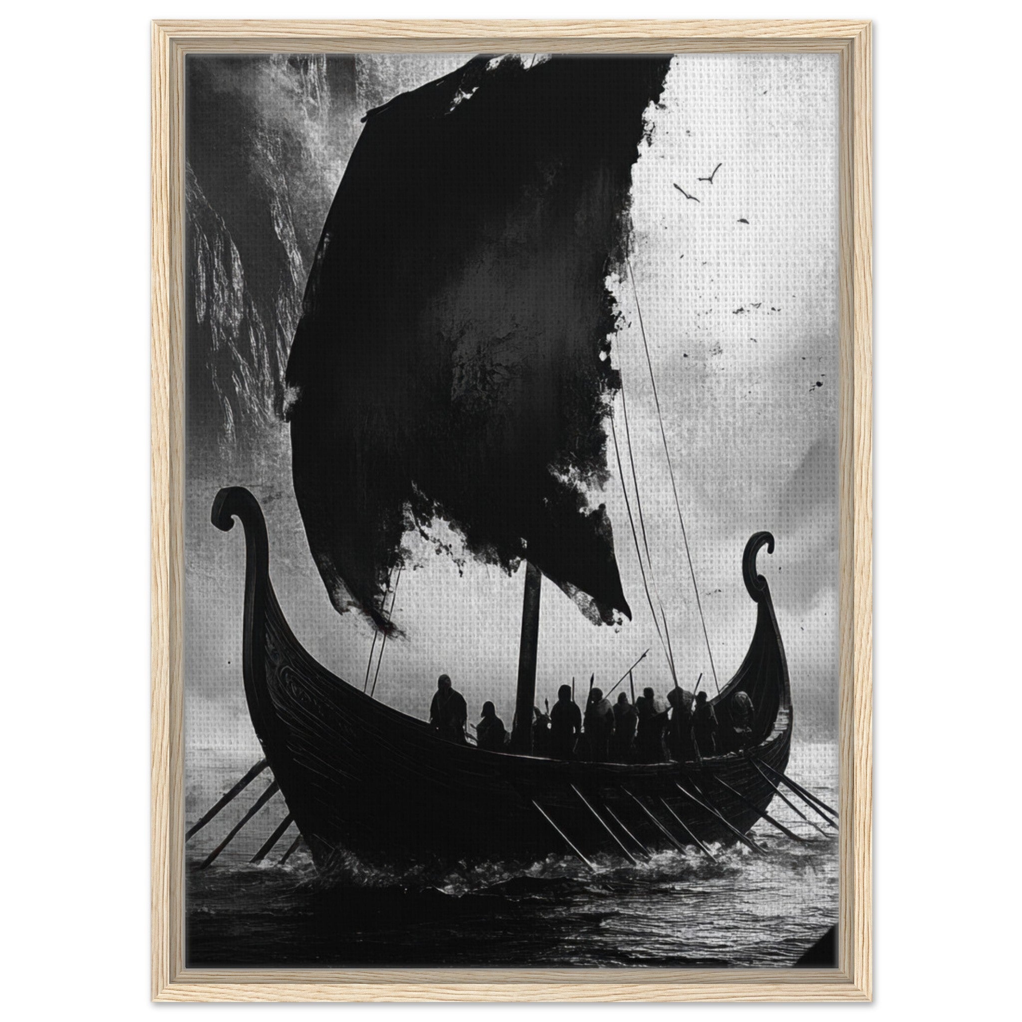 Framed Canvas Portrait - The Ghostly Viking Longship Dark Nordic Ink Met - Shop Ai Art WebShop - Digital Art online Store