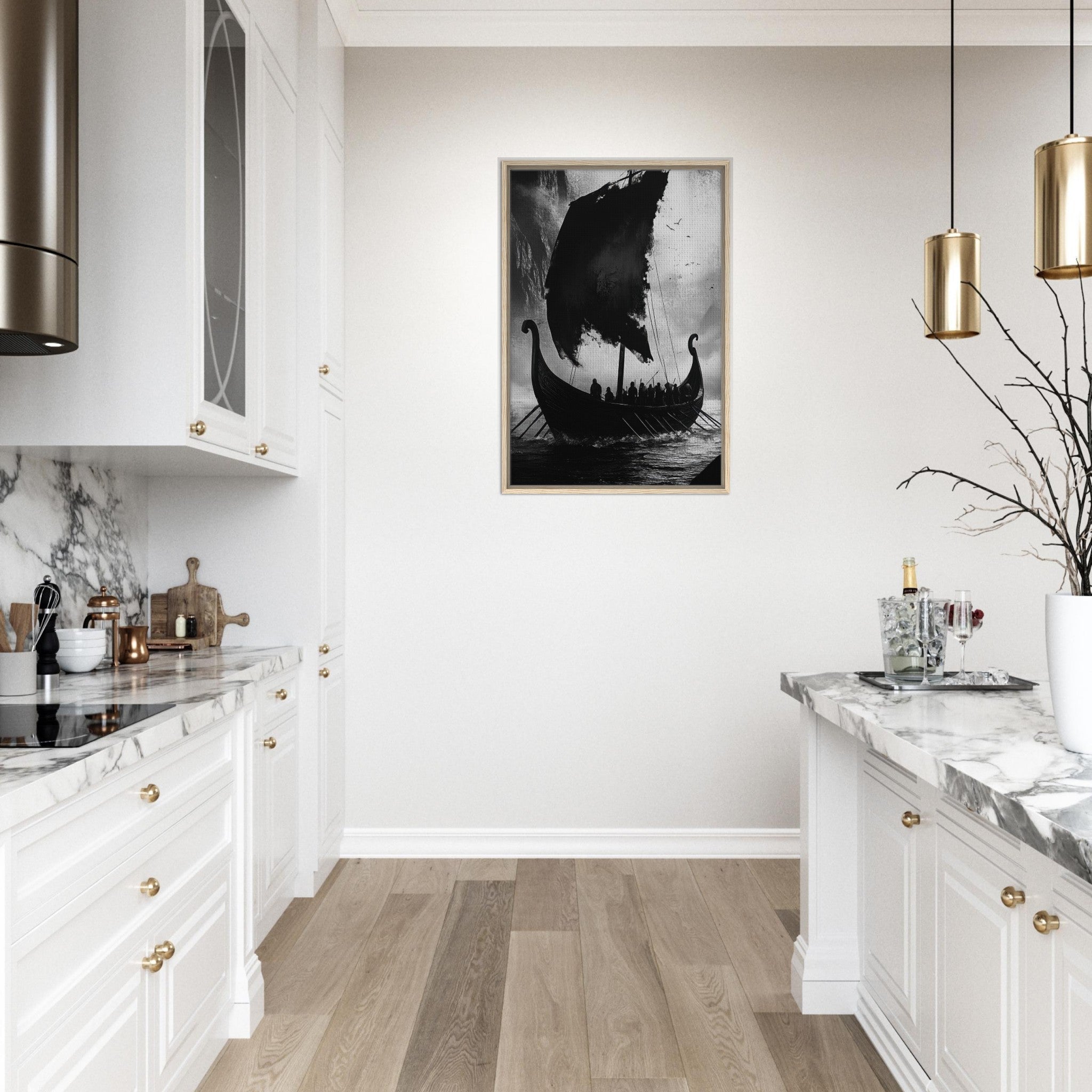 Framed Canvas Portrait - The Ghostly Viking Longship Dark Nordic Ink Met - Shop Ai Art WebShop - Digital Art online Store