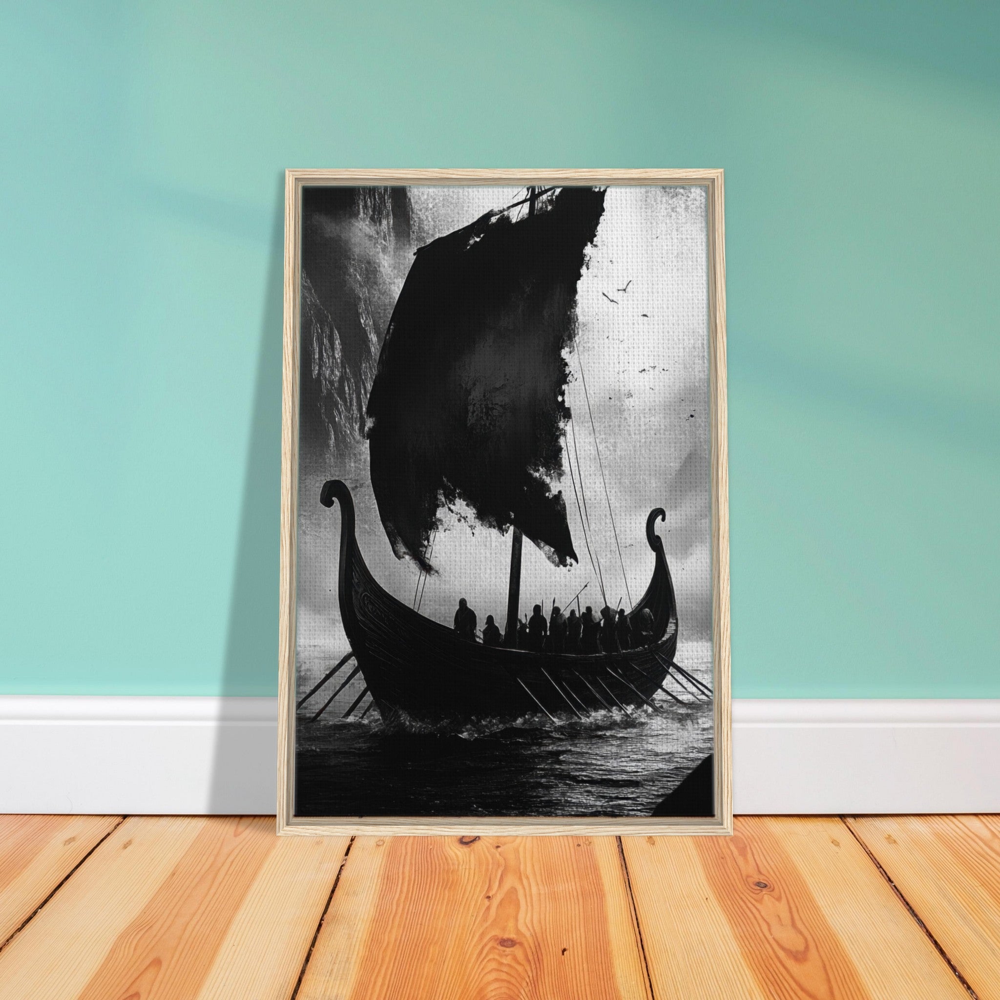 Framed Canvas Portrait - The Ghostly Viking Longship Dark Nordic Ink Met - Shop Ai Art WebShop - Digital Art online Store