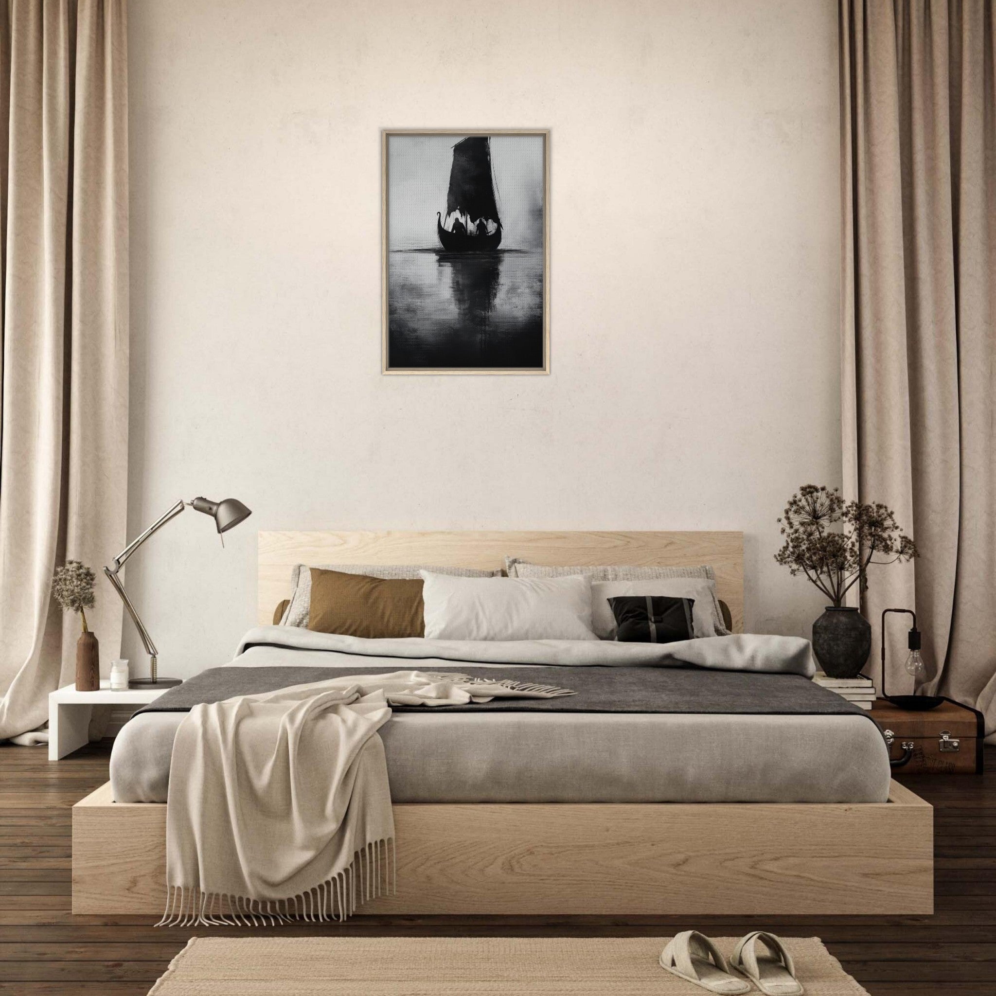 Framed Canvas Portrait - The Ghostly Viking Longship Dark Nordic Ink Met 4 - Shop Ai Art WebShop - Digital Art online Store