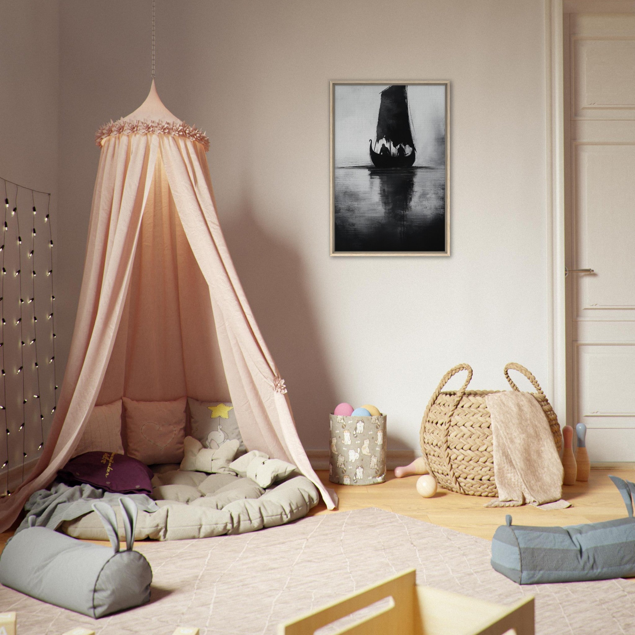Framed Canvas Portrait - The Ghostly Viking Longship Dark Nordic Ink Met 4 - Shop Ai Art WebShop - Digital Art online Store
