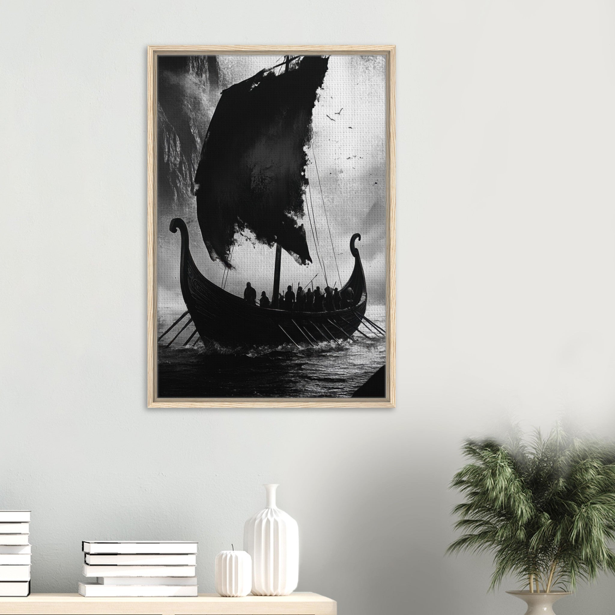 Framed Canvas Portrait - The Ghostly Viking Longship Dark Nordic Ink Met - Shop Ai Art WebShop - Digital Art online Store