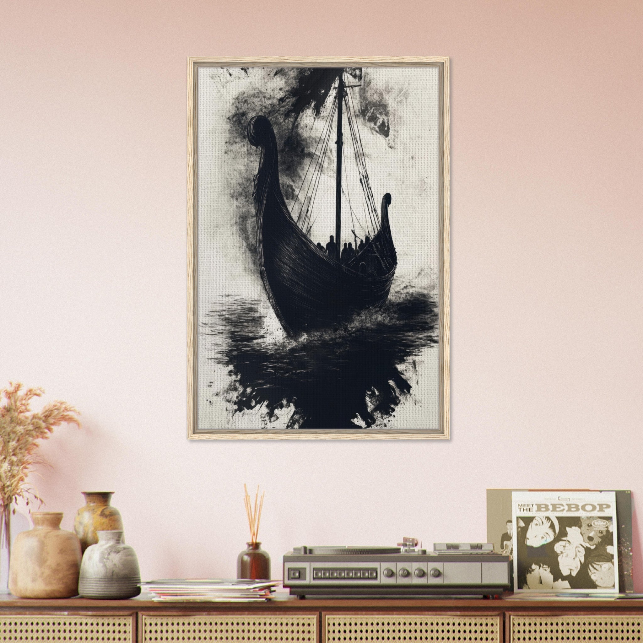 Framed Canvas Portrait - The Ghostly Viking Longship Dark Nordic Ink Met 5 - Shop Ai Art WebShop - Digital Art online Store