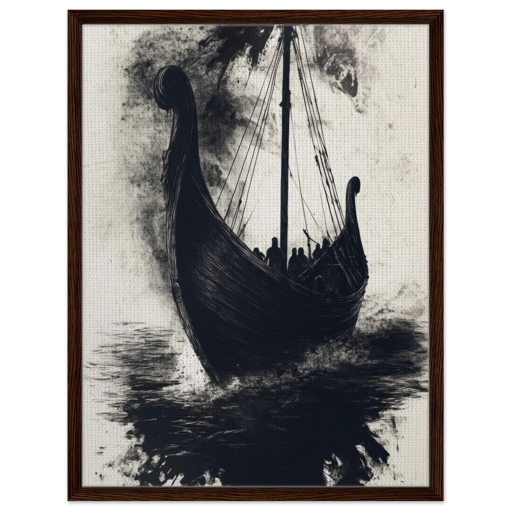 Framed Canvas Portrait - The Ghostly Viking Longship Dark Nordic Ink Met 5 - Shop Ai Art WebShop - Digital Art online Store